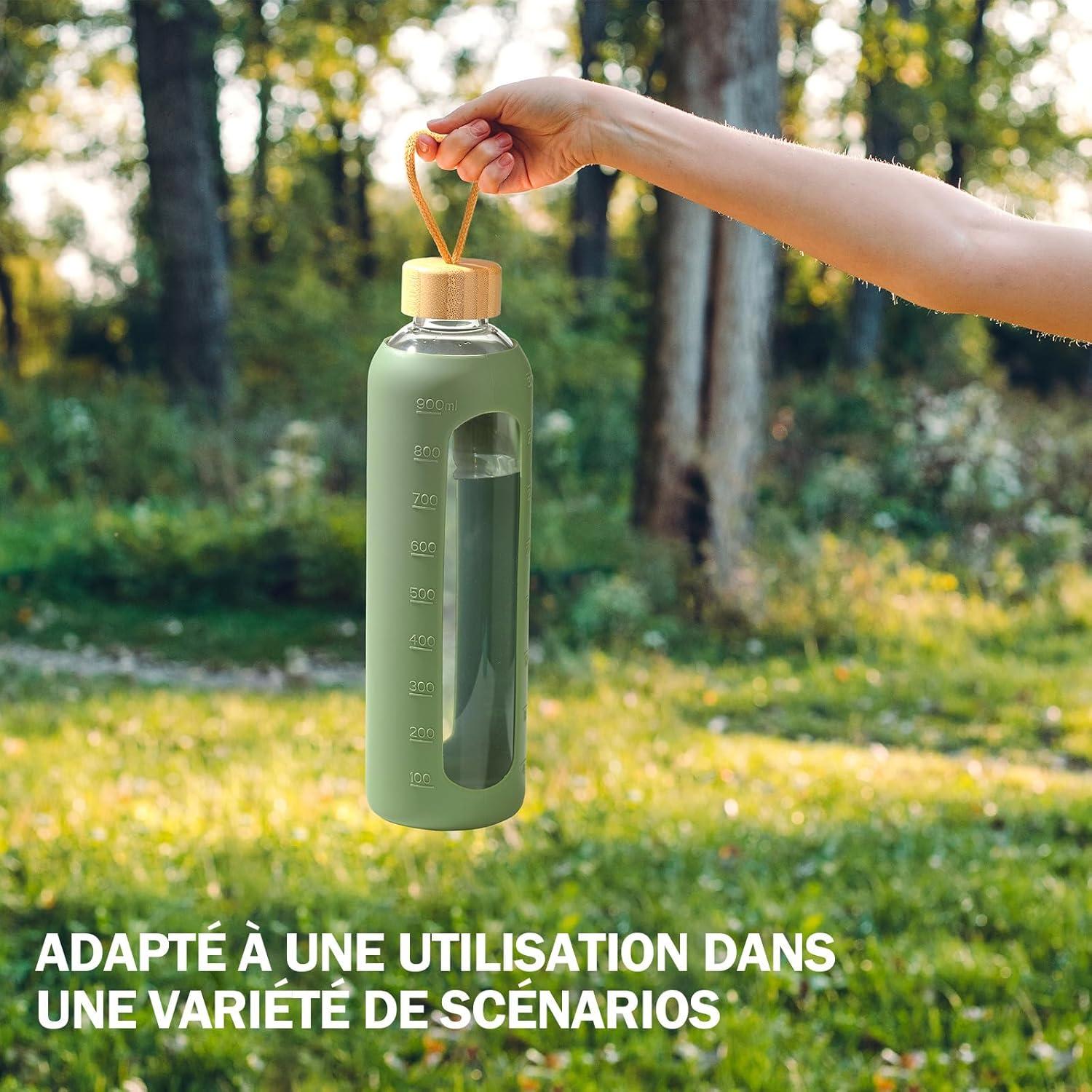 image:image750ml Gourde en Verre Avec Paille et 2 Couvercle Bouteille deau Motivation Gradue Pour 1 Journee Avec Marqueur de Temps Housse en Silicone Sport Gourde ReutilisableBleuOlivier