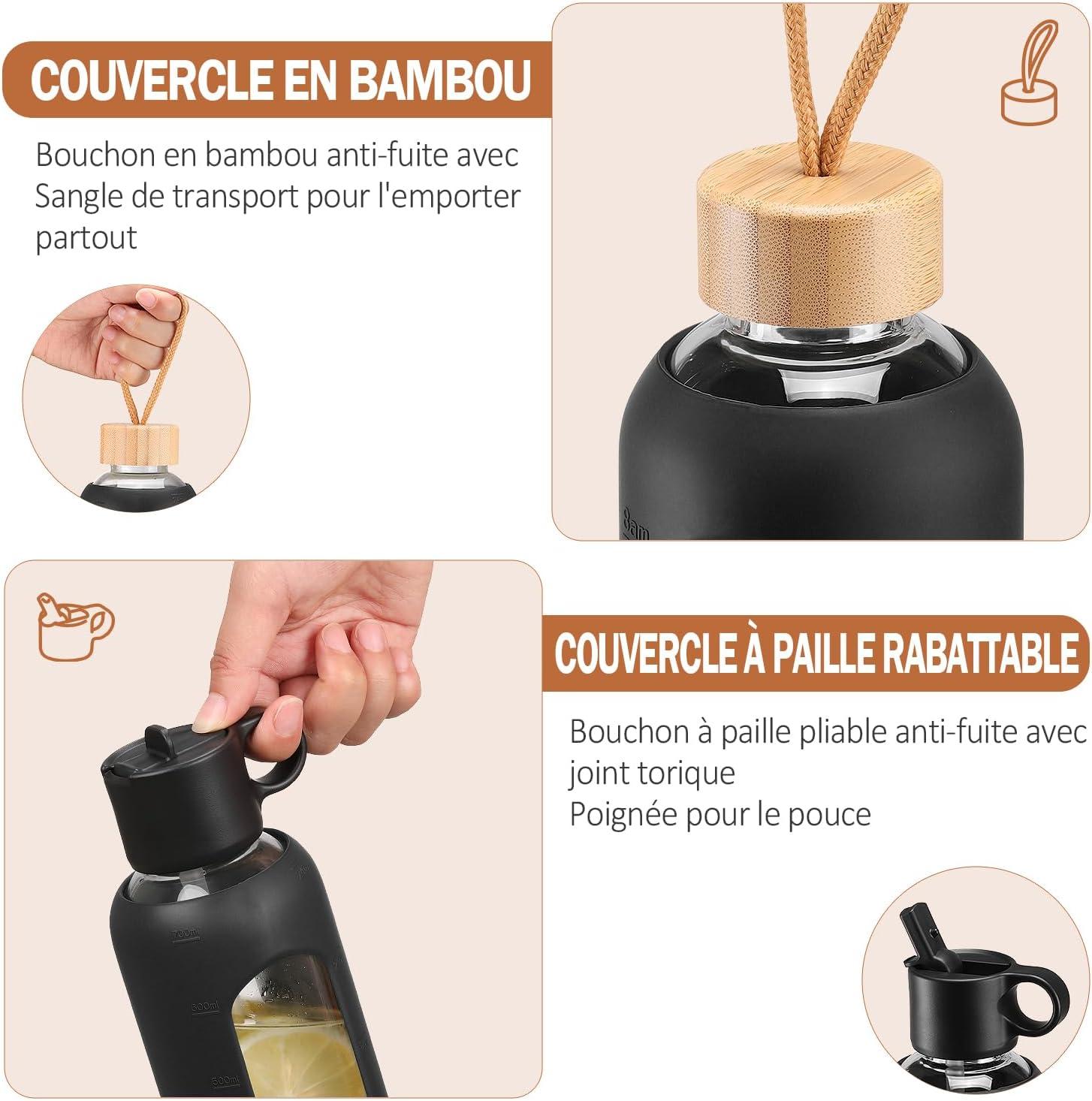 image:image750ml Gourde en Verre Avec Paille et 2 Couvercle Bouteille deau Motivation Gradue Pour 1 Journee Avec Marqueur de Temps Housse en Silicone Sport Gourde ReutilisableBleuNoir