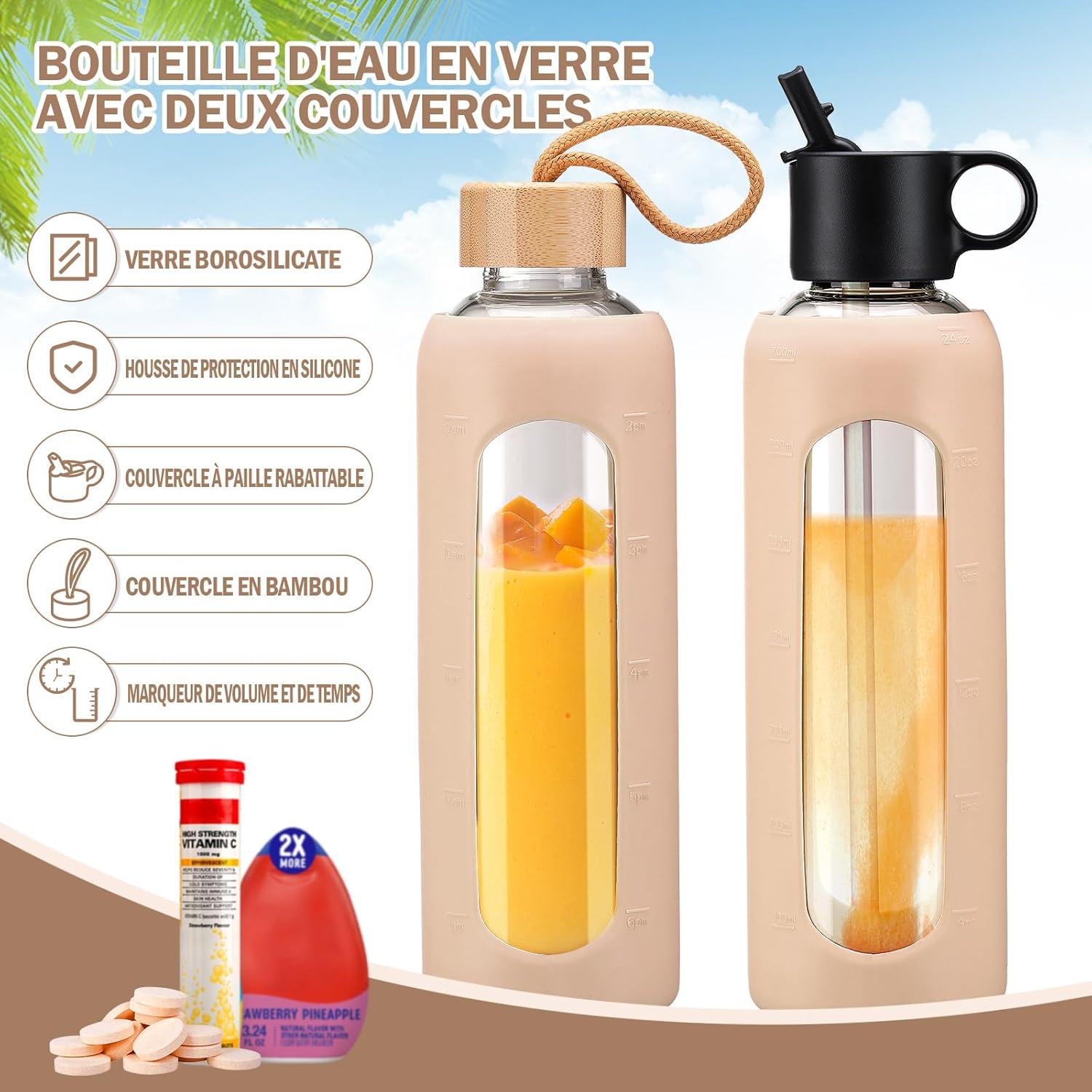 image:image750ml Gourde en Verre Avec Paille et 2 Couvercle Bouteille deau Motivation Gradue Pour 1 Journee Avec Marqueur de Temps Housse en Silicone Sport Gourde ReutilisableBleuAmbre
