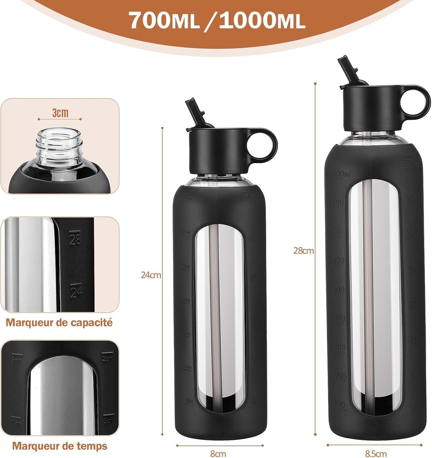 image:image750ml Gourde en Verre Avec Paille et 2 Couvercle Bouteille deau Motivation Gradue Pour 1 Journee Avec Marqueur de Temps Housse en Silicone Sport Gourde ReutilisableBleuNoir