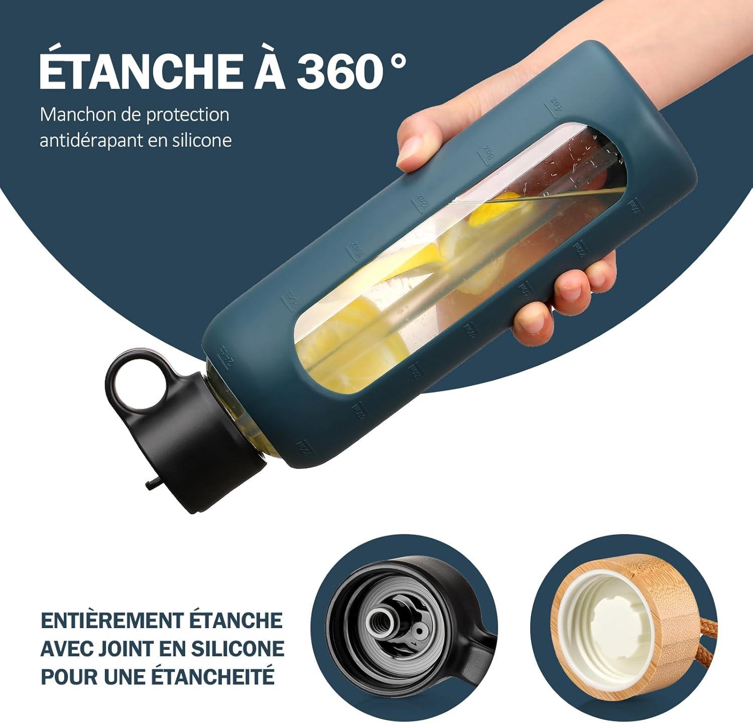 image:image750ml Gourde en Verre Avec Paille et 2 Couvercle Bouteille deau Motivation Gradue Pour 1 Journee Avec Marqueur de Temps Housse en Silicone Sport Gourde ReutilisableBleuBleu