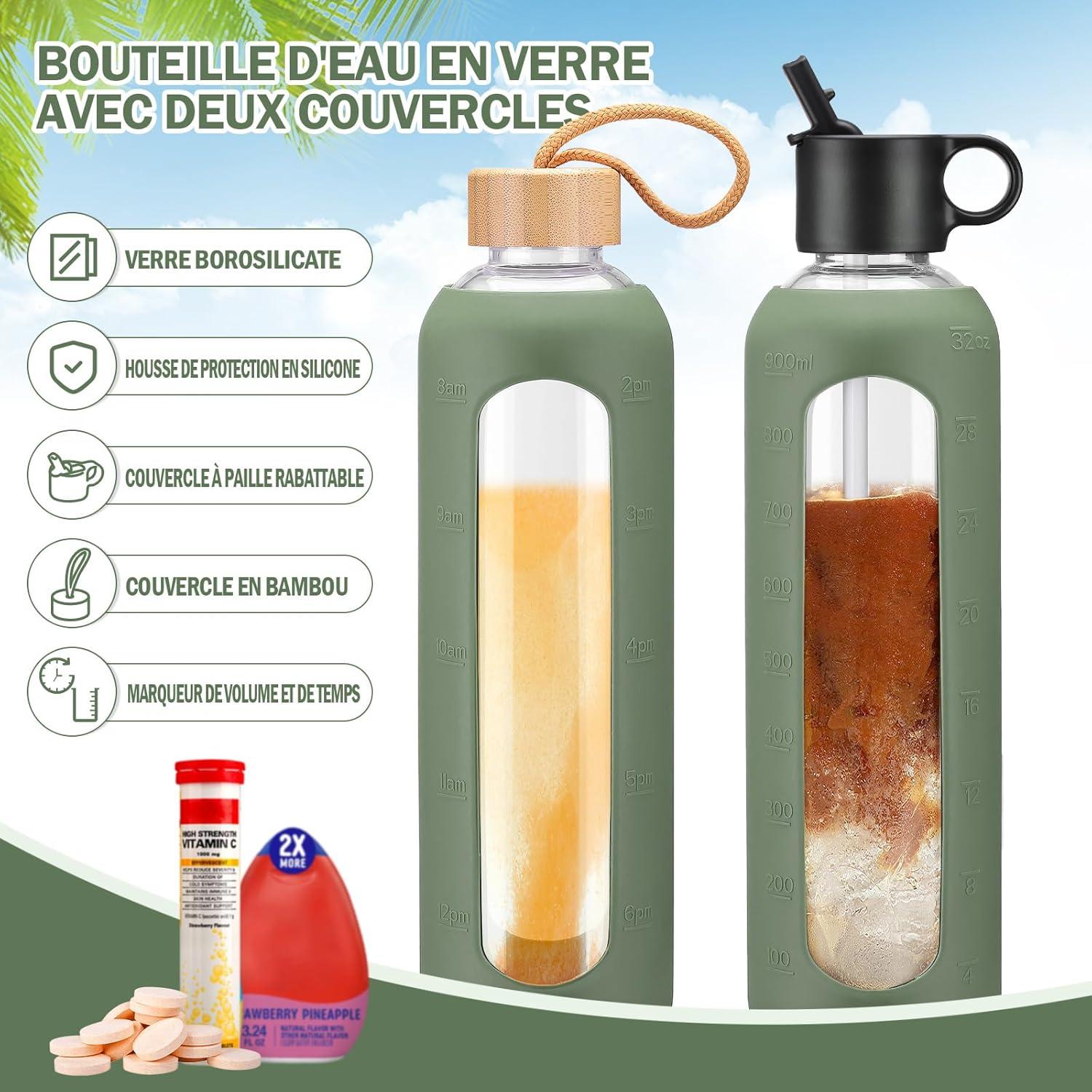 image:image750ml Gourde en Verre Avec Paille et 2 Couvercle Bouteille deau Motivation Gradue Pour 1 Journee Avec Marqueur de Temps Housse en Silicone Sport Gourde ReutilisableBleuOlivier