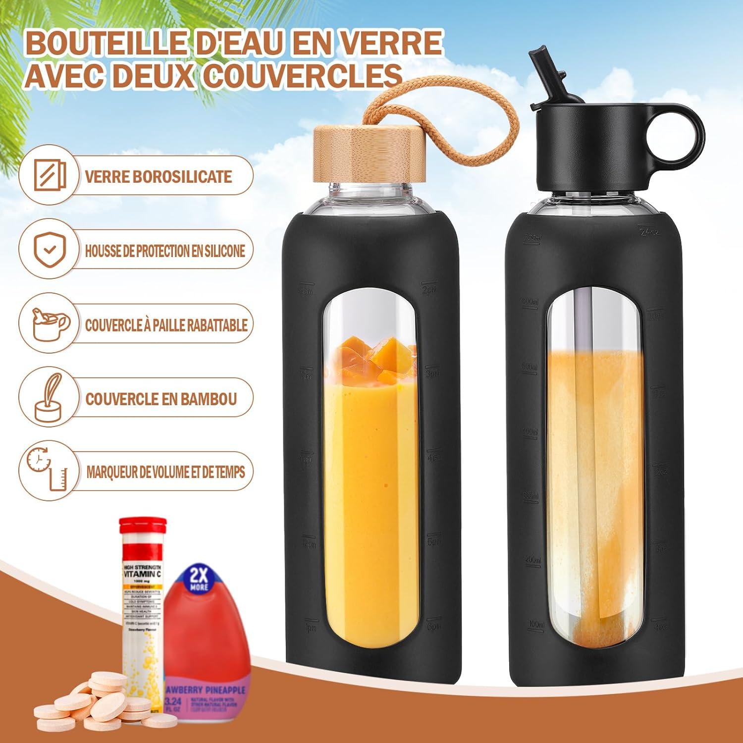 image:image750ml Gourde en Verre Avec Paille et 2 Couvercle Bouteille deau Motivation Gradue Pour 1 Journee Avec Marqueur de Temps Housse en Silicone Sport Gourde ReutilisableBleuNoir