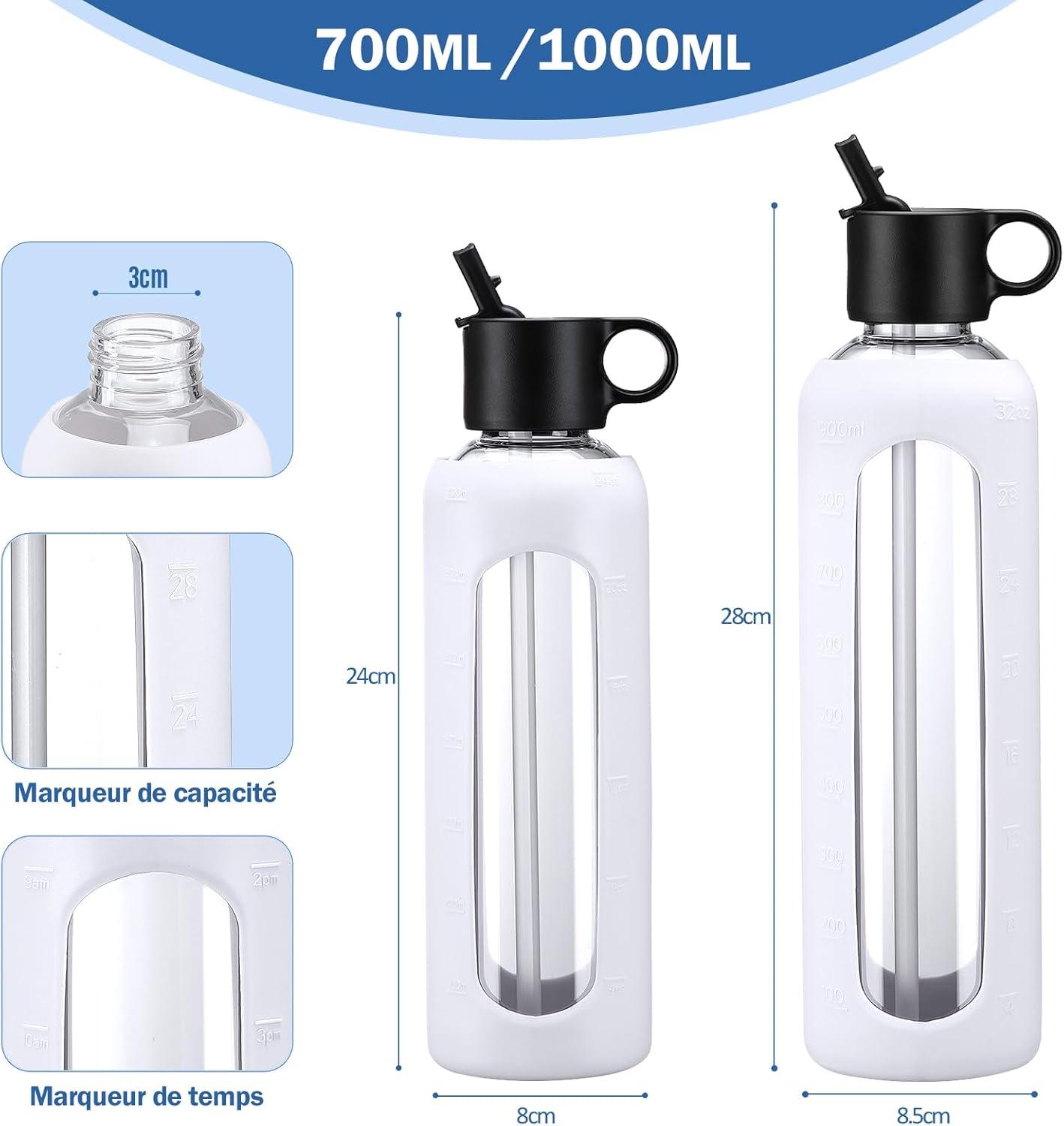 image:image750ml Gourde en Verre Avec Paille et 2 Couvercle Bouteille deau Motivation Gradue Pour 1 Journee Avec Marqueur de Temps Housse en Silicone Sport Gourde ReutilisableBleuBlanc