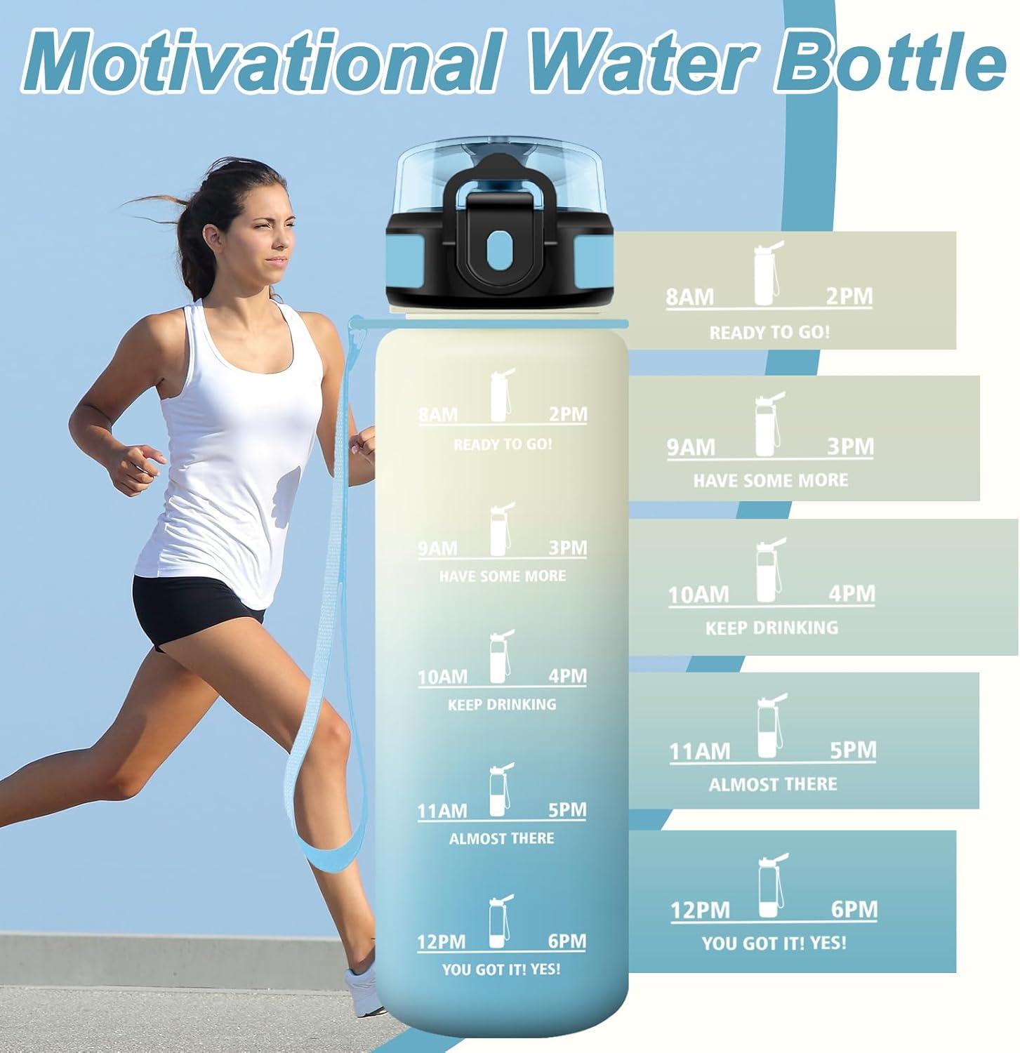 image:imageBouteille Sport 500ml Gourde Motivation sans BPA Gourdes avec Marqueur de Temps Bouteille deau Idale pour Randonne Bureau lcole32oz1000ml Blanc Bleu Clair