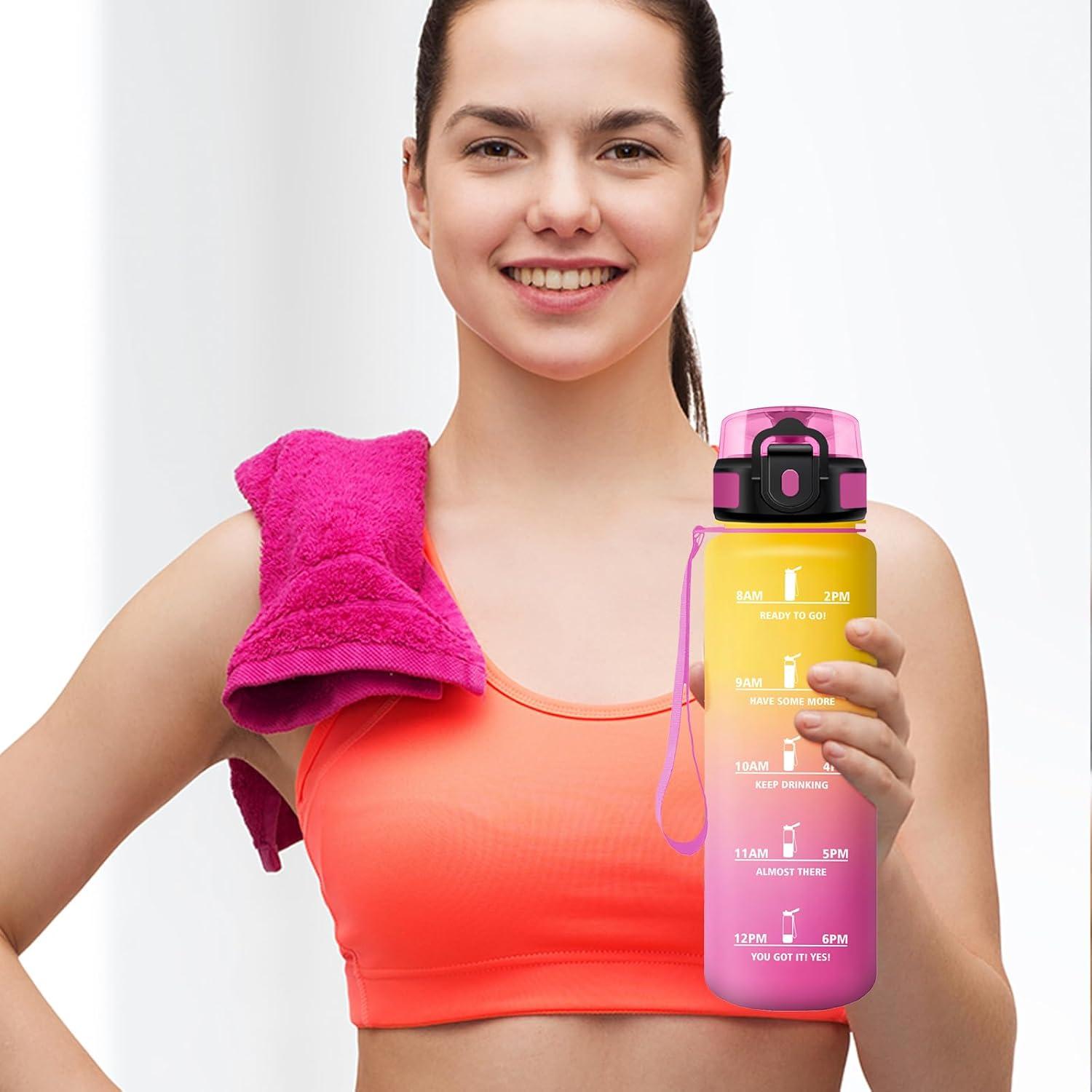 image:imageBouteille Sport 500ml Gourde Motivation sans BPA Gourdes avec Marqueur de Temps Bouteille deau Idale pour Randonne Bureau lcole32oz1000ml Jaune Rose