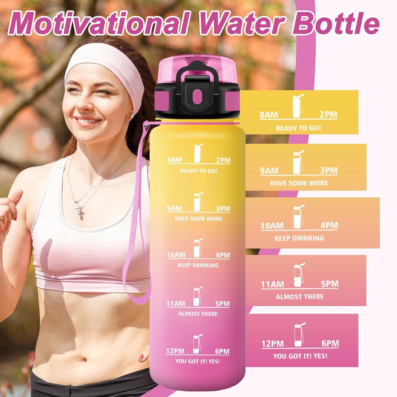 image:imageBouteille Sport 500ml Gourde Motivation sans BPA Gourdes avec Marqueur de Temps Bouteille deau Idale pour Randonne Bureau lcole32oz1000ml Jaune Rose