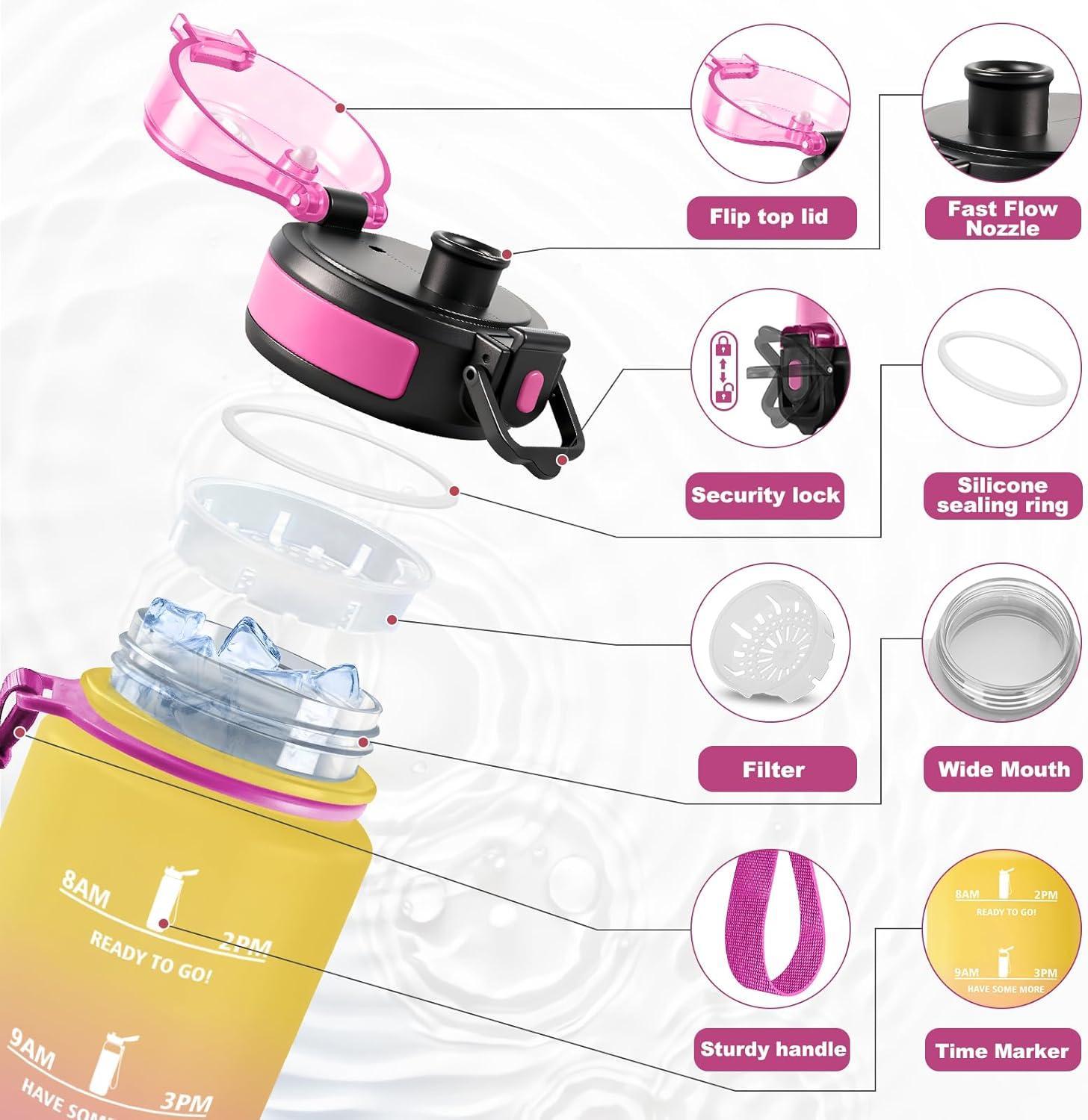 image:imageBouteille Sport 500ml Gourde Motivation sans BPA Gourdes avec Marqueur de Temps Bouteille deau Idale pour Randonne Bureau lcole32oz1000ml Jaune Rose