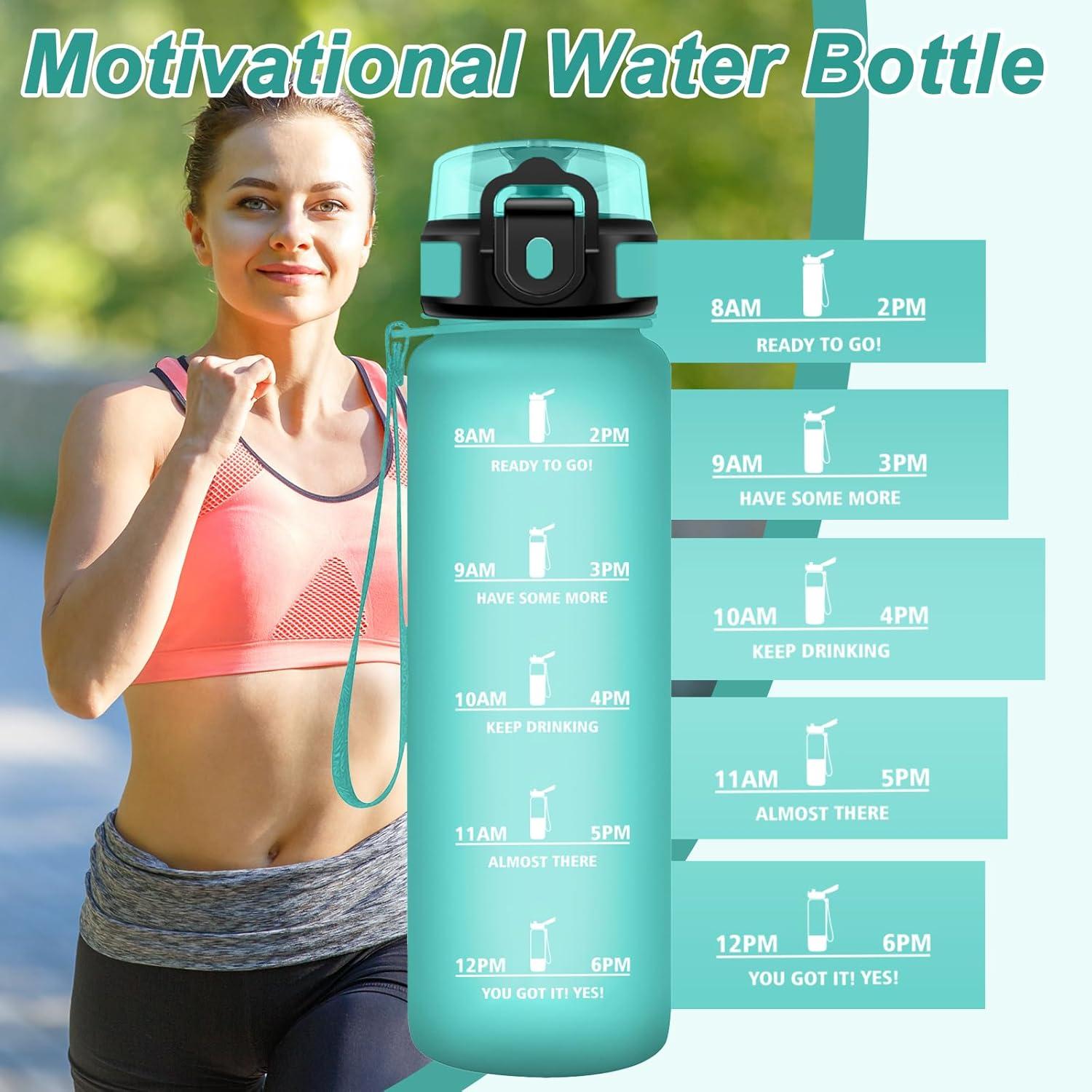 image:imageBouteille Sport 500ml Gourde Motivation sans BPA Gourdes avec Marqueur de Temps Bouteille deau Idale pour Randonne Bureau lcole32oz1000ml Mat Bleuvert