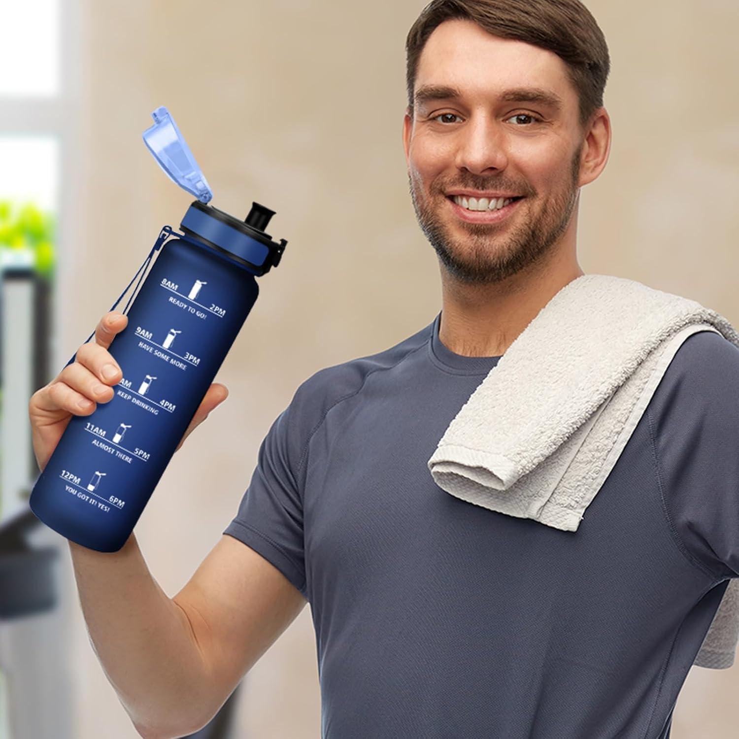 image:imageBouteille Sport 500ml Gourde Motivation sans BPA Gourdes avec Marqueur de Temps Bouteille deau Idale pour Randonne Bureau lcole32oz1000ml Mat Marine Bleu