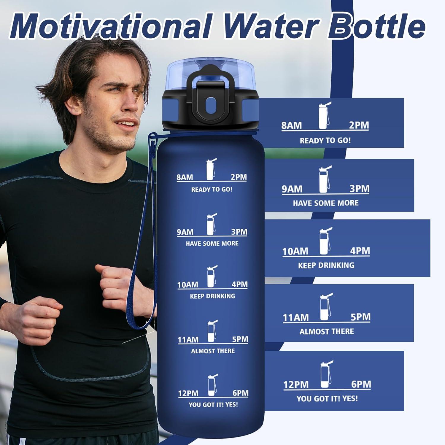 image:imageBouteille Sport 500ml Gourde Motivation sans BPA Gourdes avec Marqueur de Temps Bouteille deau Idale pour Randonne Bureau lcole32oz1000ml Mat Marine Bleu