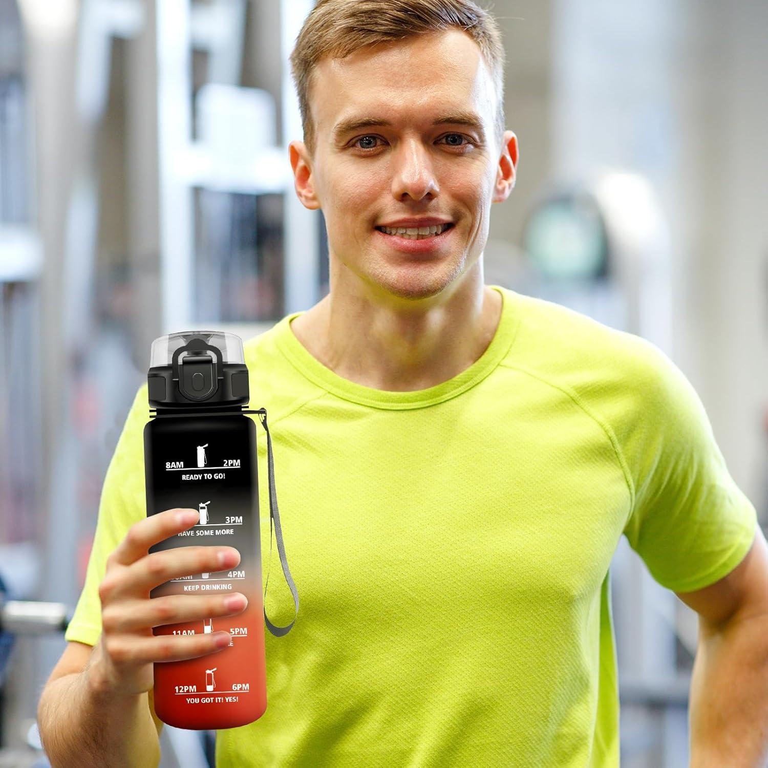 image:imageBouteille Sport 500ml Gourde Motivation sans BPA Gourdes avec Marqueur de Temps Bouteille deau Idale pour Randonne Bureau lcole32oz1000ml Noir Rouge