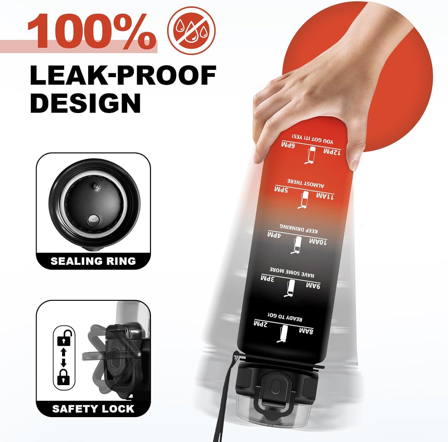 image:imageBouteille Sport 500ml Gourde Motivation sans BPA Gourdes avec Marqueur de Temps Bouteille deau Idale pour Randonne Bureau lcole32oz1000ml Noir Rouge