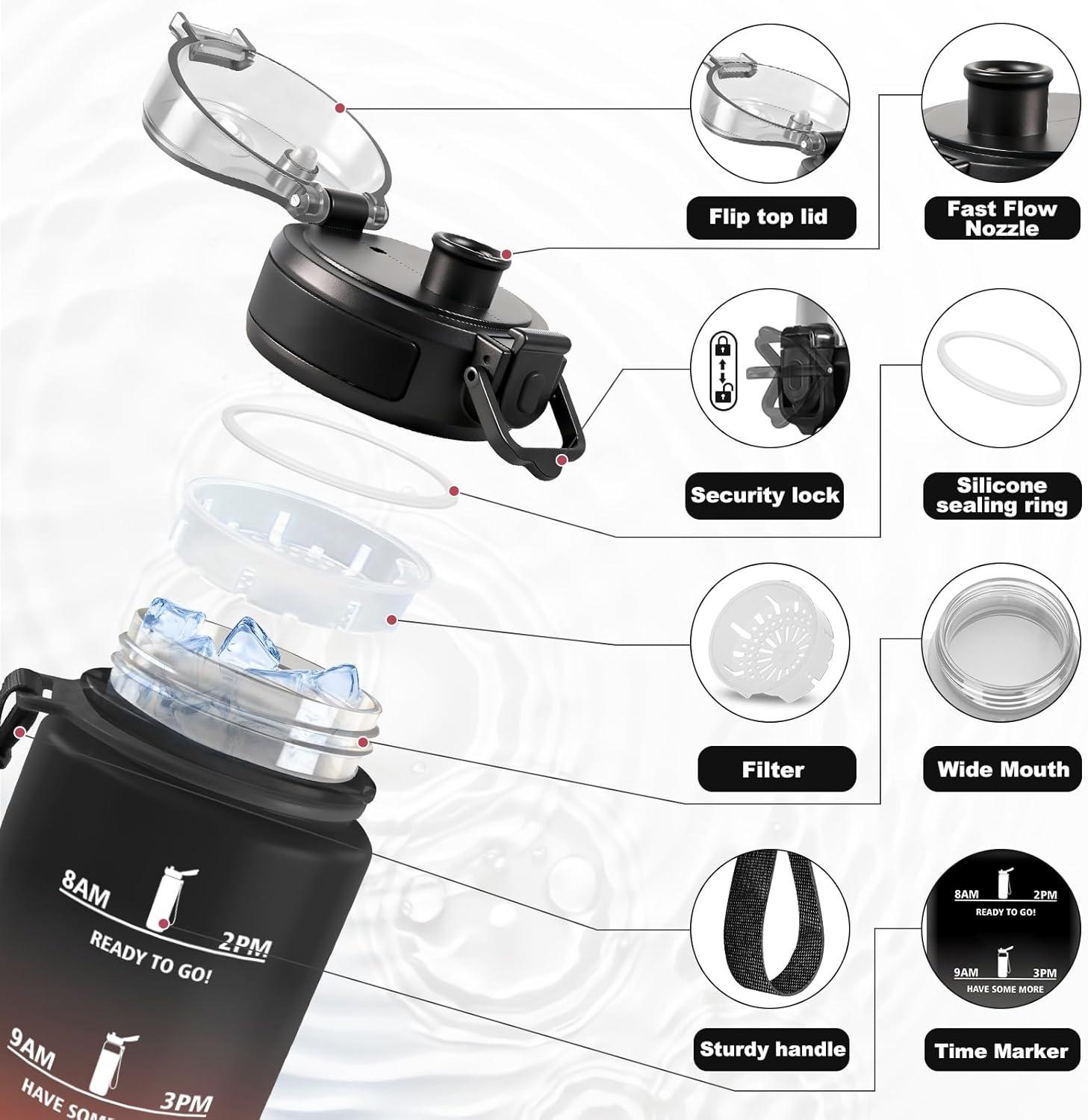 image:imageBouteille Sport 500ml Gourde Motivation sans BPA Gourdes avec Marqueur de Temps Bouteille deau Idale pour Randonne Bureau lcole32oz1000ml Noir Rouge
