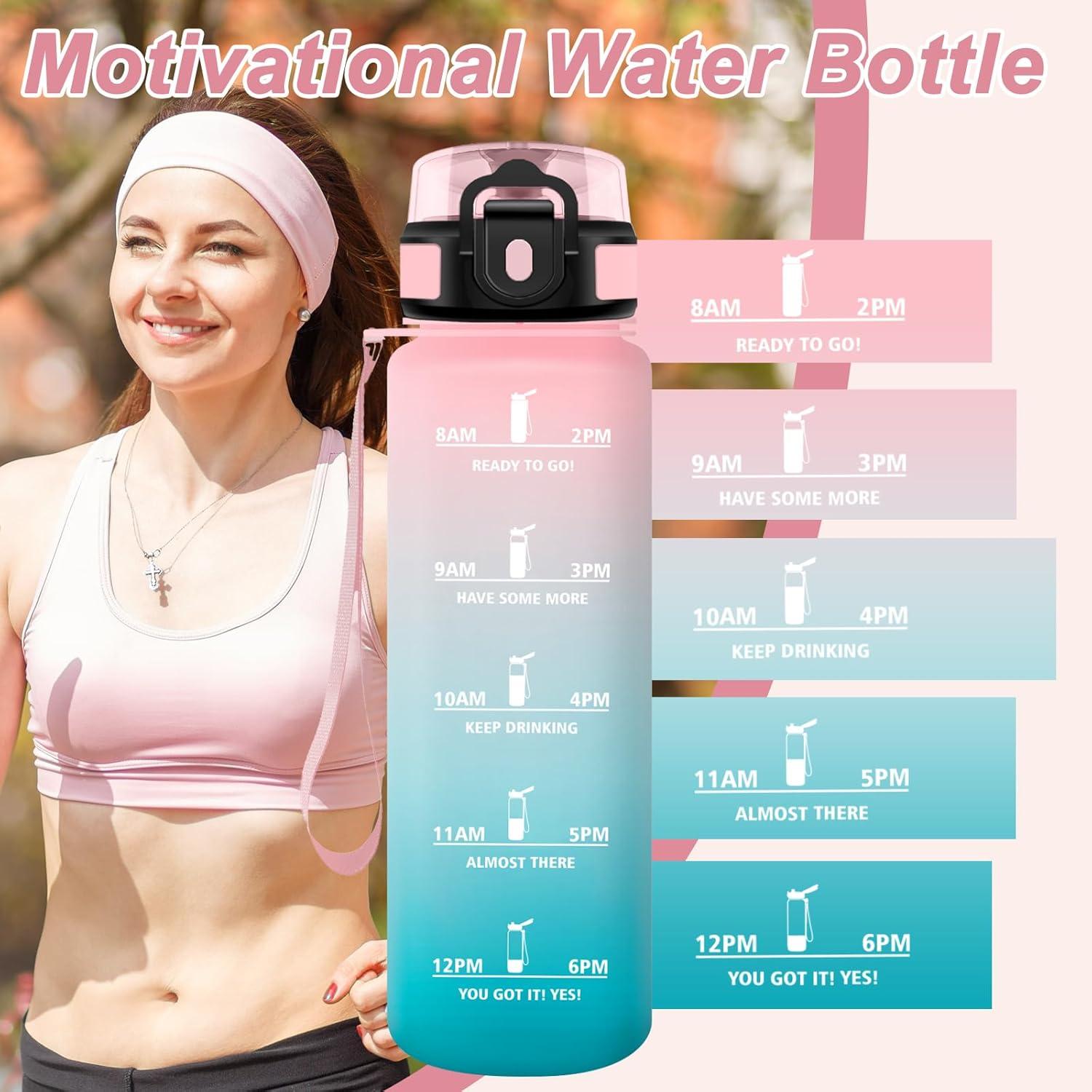 image:imageBouteille Sport 500ml Gourde Motivation sans BPA Gourdes avec Marqueur de Temps Bouteille deau Idale pour Randonne Bureau lcole32oz1000ml Rose Cyan