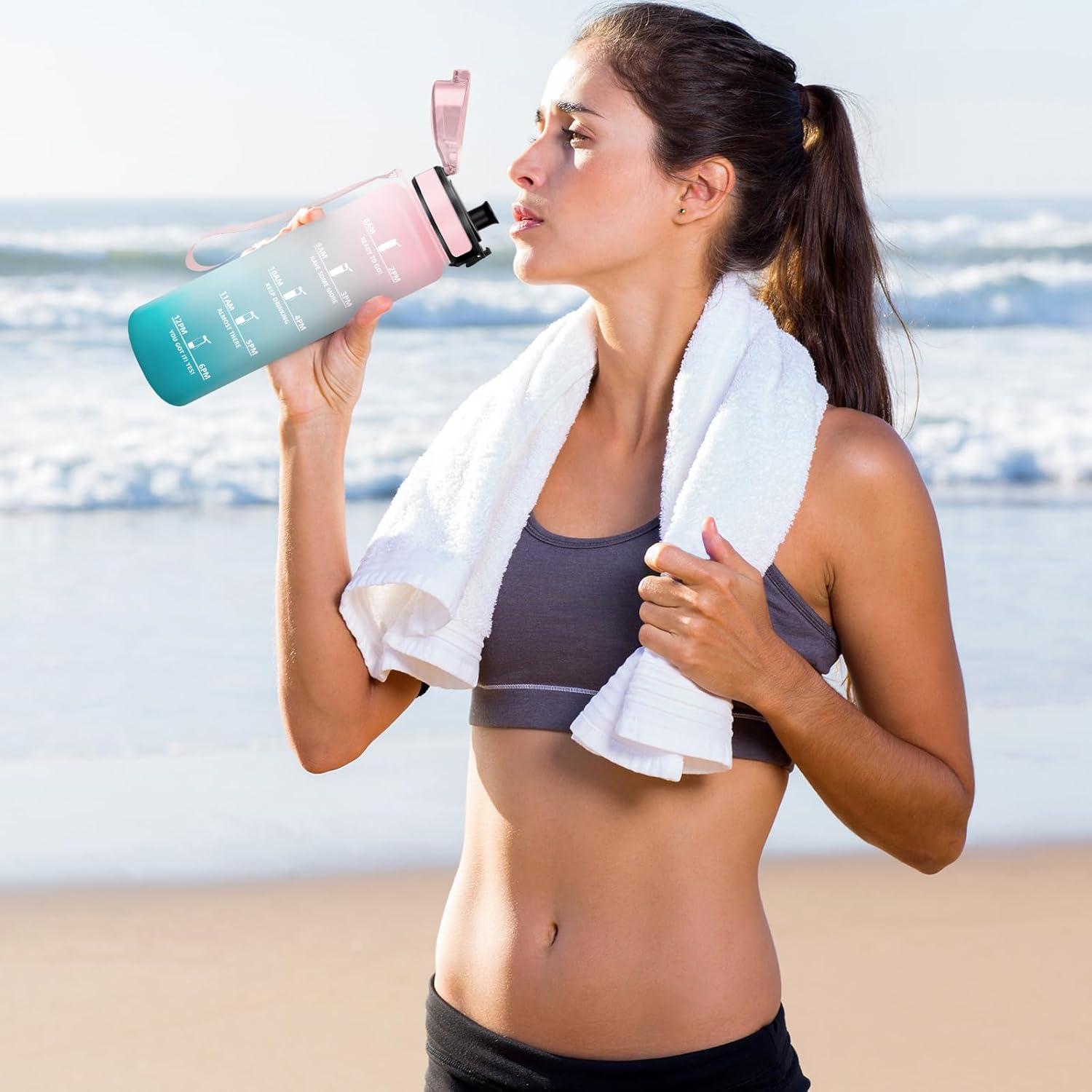 image:imageBouteille Sport 500ml Gourde Motivation sans BPA Gourdes avec Marqueur de Temps Bouteille deau Idale pour Randonne Bureau lcole32oz1000ml Rose Cyan