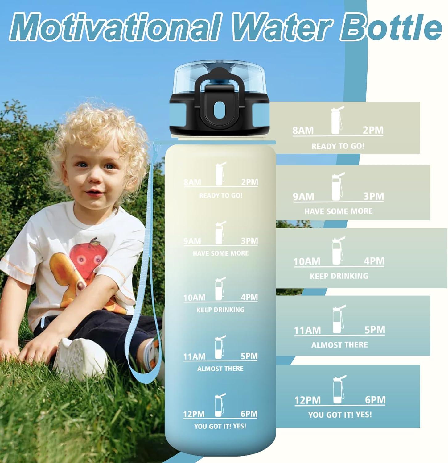 image:imageBouteille Sport 500ml Gourde Motivation sans BPA Gourdes avec Marqueur de Temps Bouteille deau Idale pour Randonne Bureau lcole500ml Blanc Bleu Clair