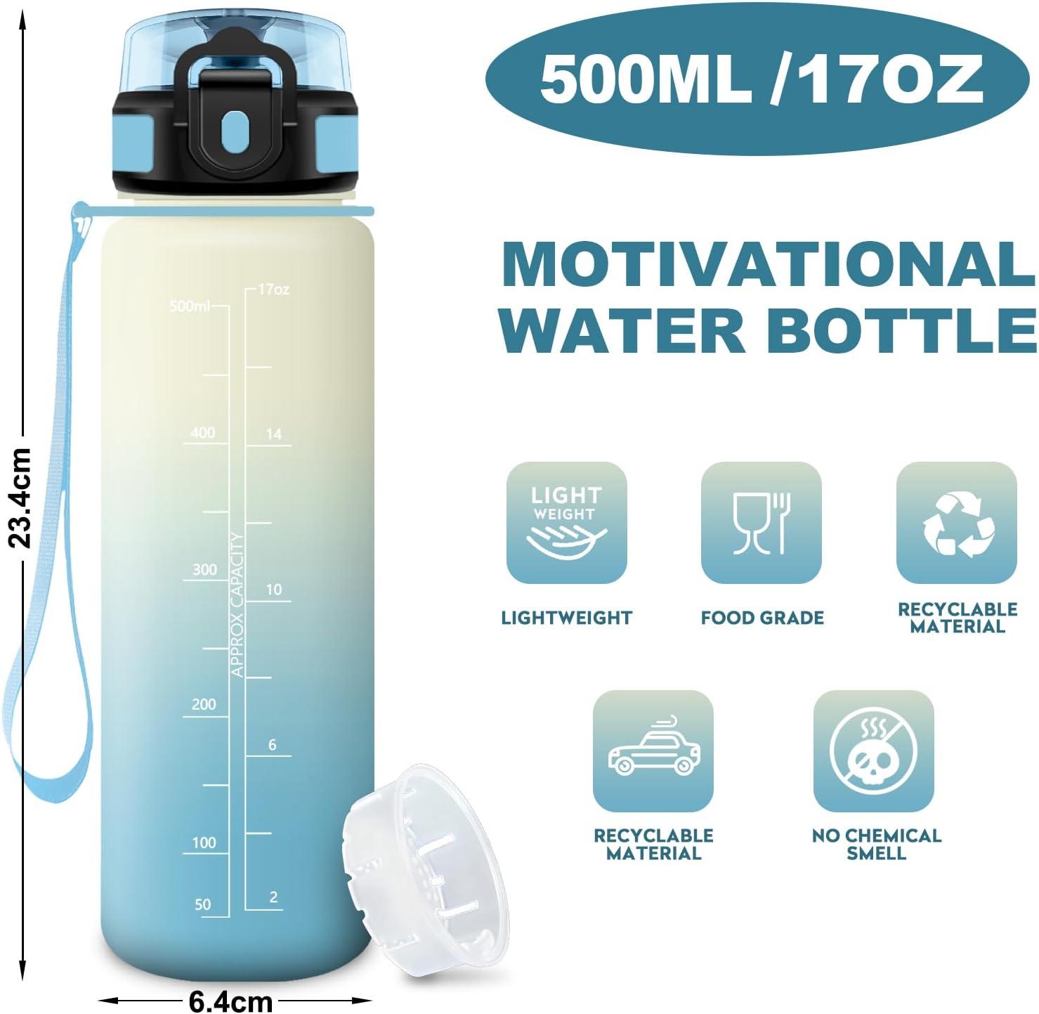 image:imageBouteille Sport 500ml Gourde Motivation sans BPA Gourdes avec Marqueur de Temps Bouteille deau Idale pour Randonne Bureau lcole500ml Blanc Bleu Clair