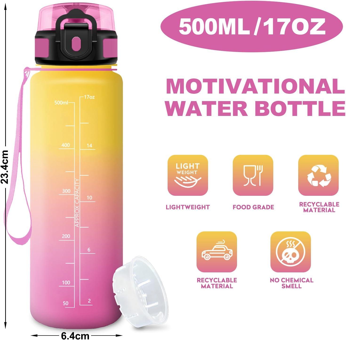 image:imageBouteille Sport 500ml Gourde Motivation sans BPA Gourdes avec Marqueur de Temps Bouteille deau Idale pour Randonne Bureau lcole500ml Jaune Rose