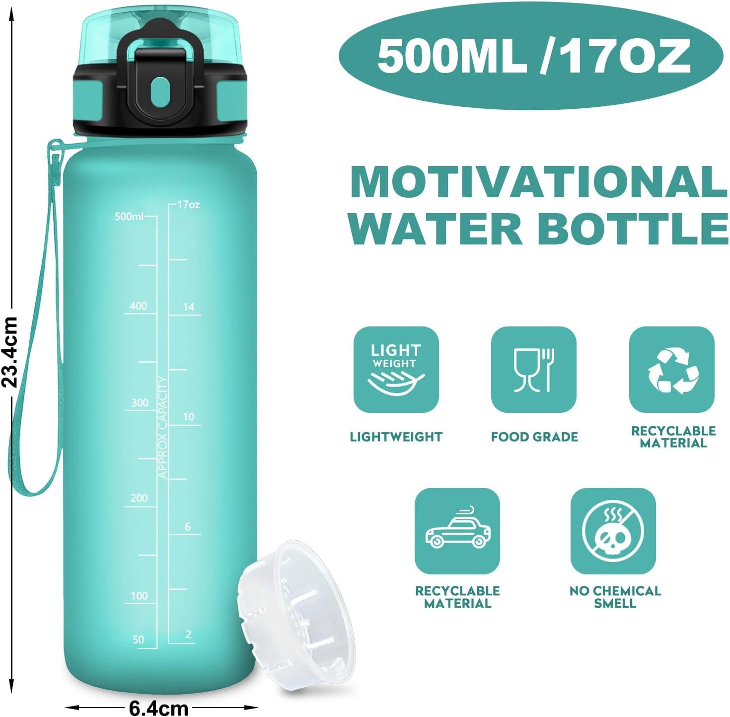 image:imageBouteille Sport 500ml Gourde Motivation sans BPA Gourdes avec Marqueur de Temps Bouteille deau Idale pour Randonne Bureau lcole500ml Mat Bleuvert