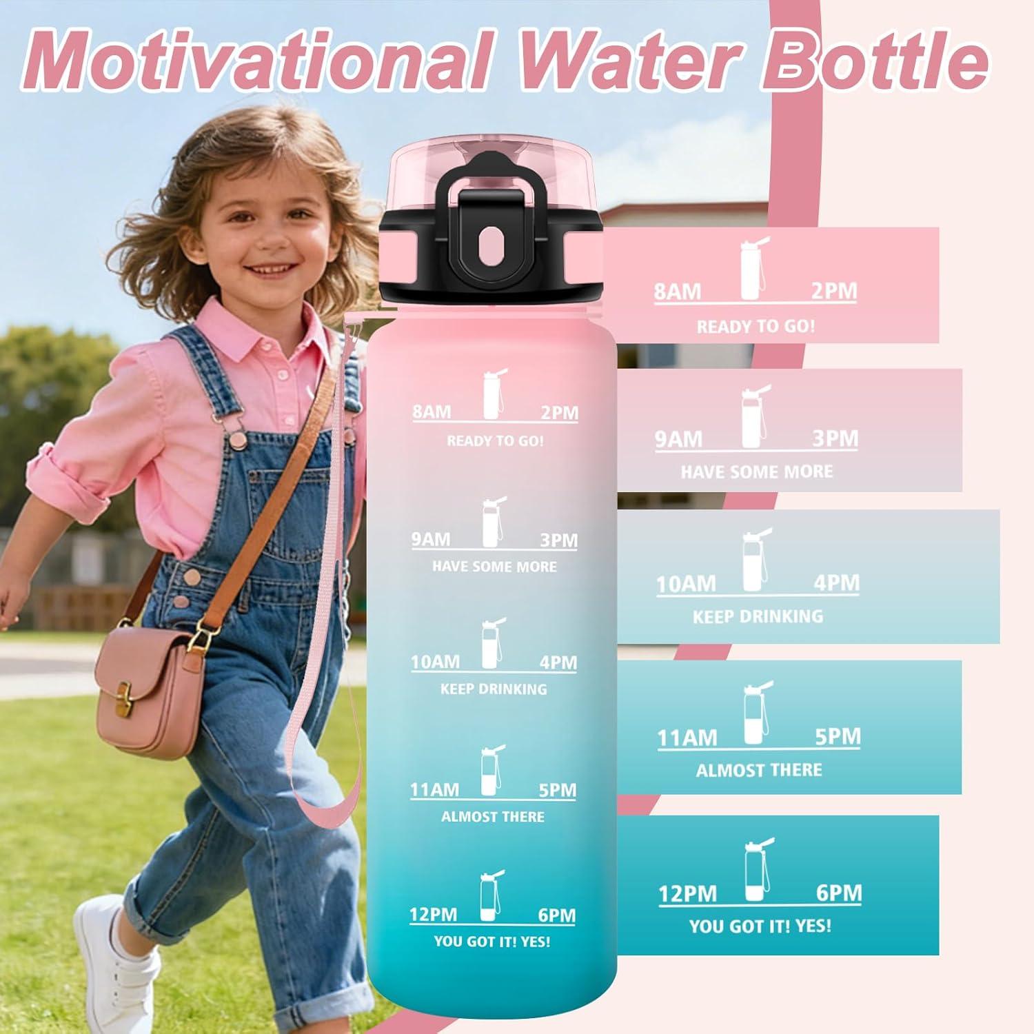 image:imageBouteille Sport 500ml Gourde Motivation sans BPA Gourdes avec Marqueur de Temps Bouteille deau Idale pour Randonne Bureau lcole500ml Rose Cyan