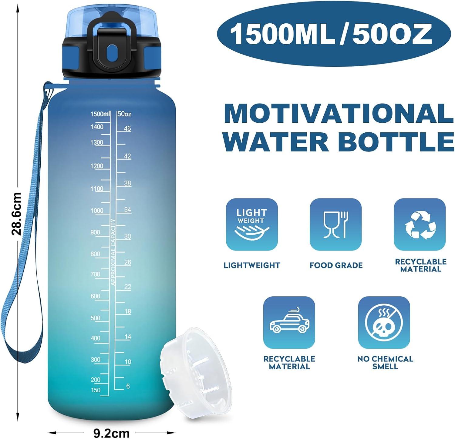 image:imageBouteille Sport 500ml Gourde Motivation sans BPA Gourdes avec Marqueur de Temps Bouteille deau Idale pour Randonne Bureau lcole50oz1500ml Bleu Vert