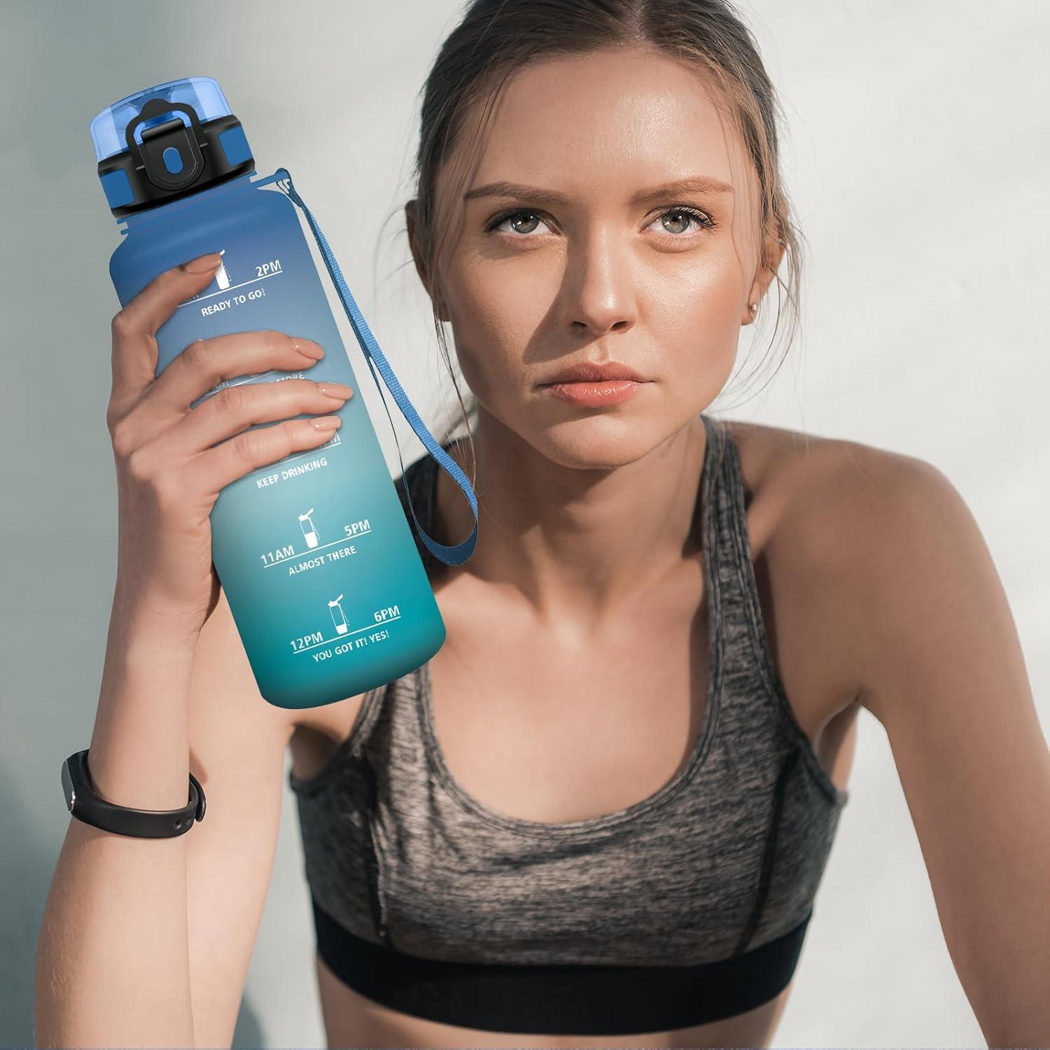 image:imageBouteille Sport 500ml Gourde Motivation sans BPA Gourdes avec Marqueur de Temps Bouteille deau Idale pour Randonne Bureau lcole50oz1500ml Bleu Vert