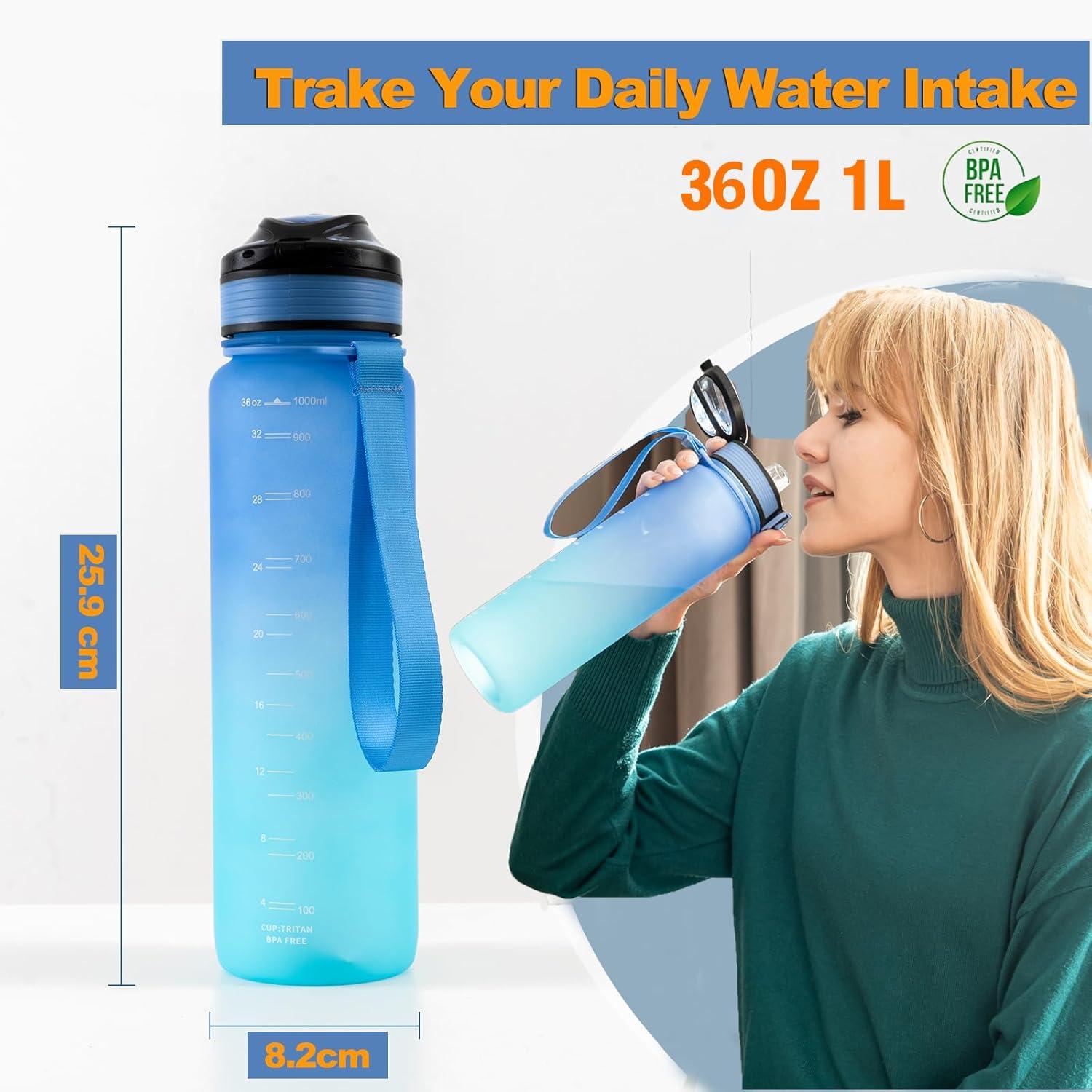 image:imageGenerisch Bouteille deau de sport de 1 l avec affichage de lheure et filtre intgr 100 tanche Tritan sans BPA bouteille de motivation avec sangle de transport pour la salle de gym le sport