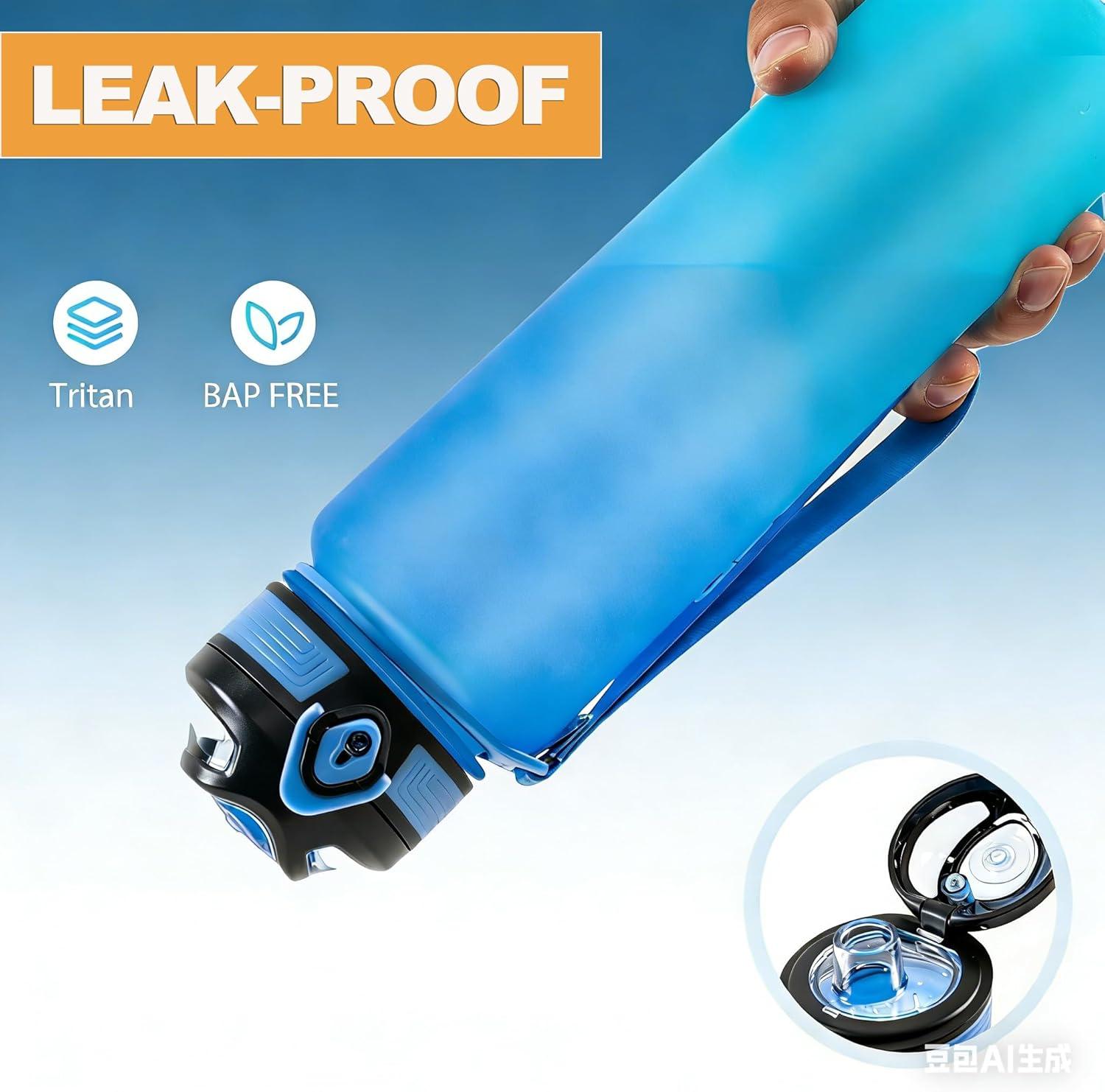image:imageGenerisch Bouteille deau de sport de 1 l avec affichage de lheure et filtre intgr 100 tanche Tritan sans BPA bouteille de motivation avec sangle de transport pour la salle de gym le sport