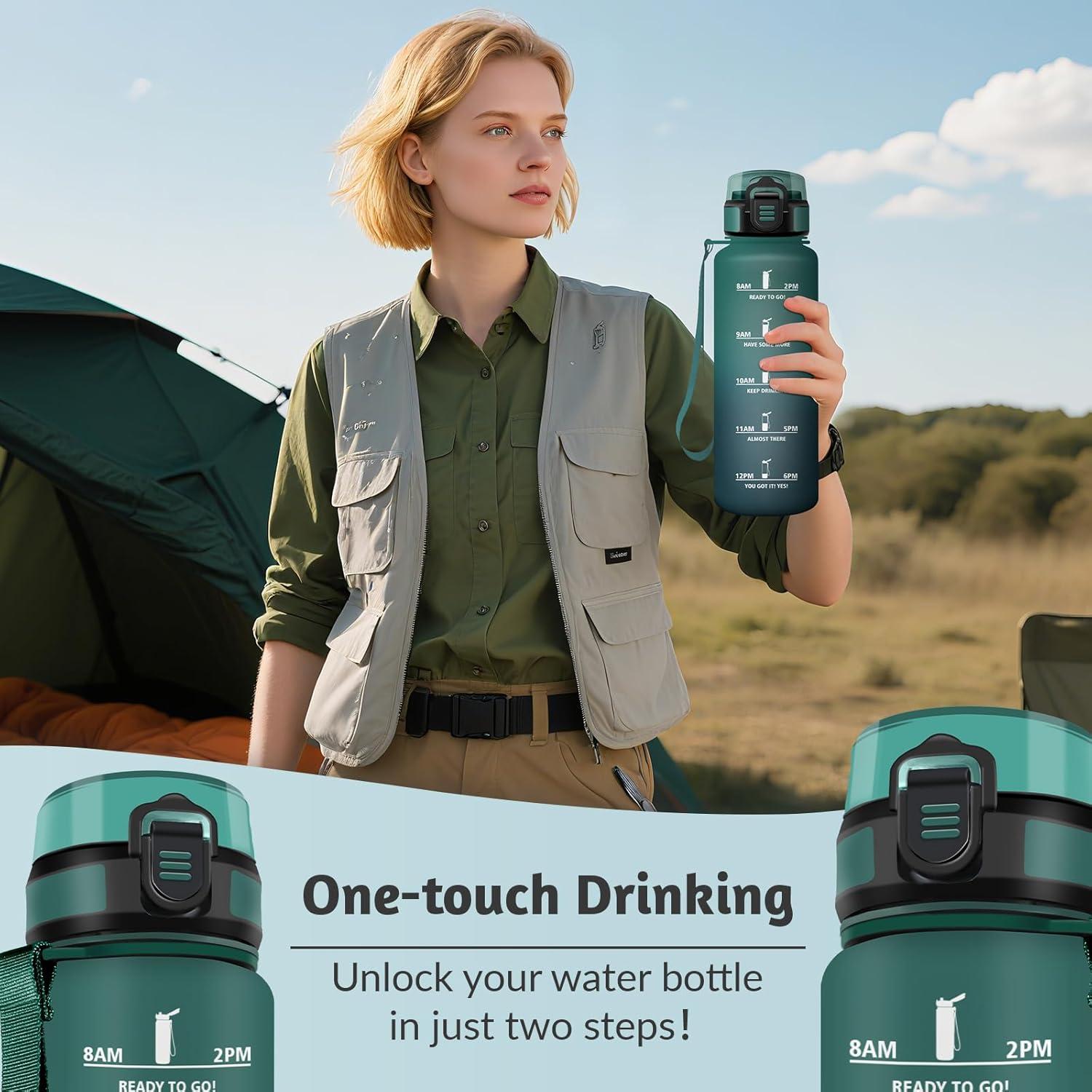 image:imageGourde 15L Motivant et tanche Bouteille Deau Sport Rutilisable Bouteille Marqueur Horaire Gourde Gradue pour 1 Journee pour Salle de Sport Travail Camping RandonneVert Gris 1500ml