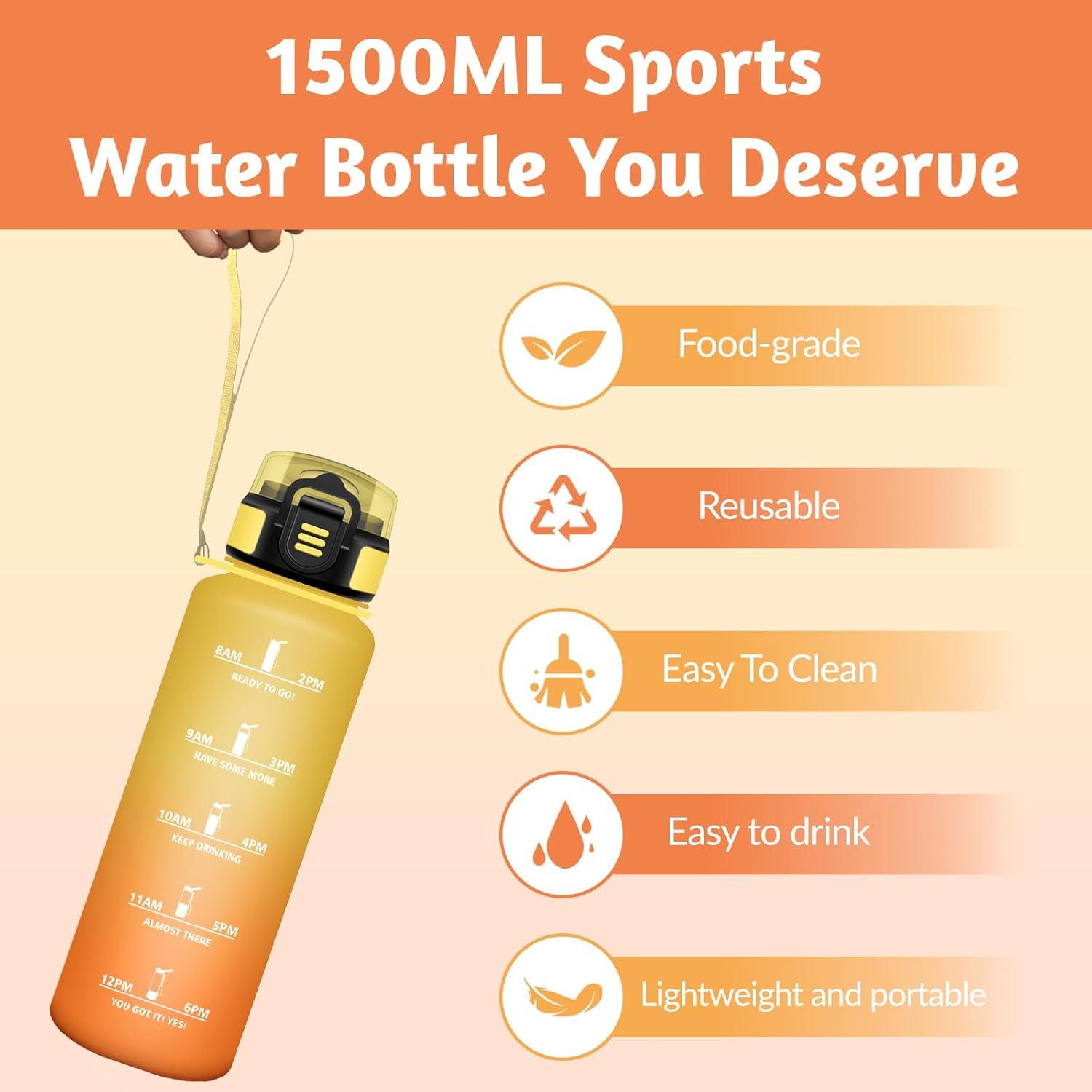 image:imageGourde 15L Motivant et tanche Bouteille Deau Sport Rutilisable Bouteille Marqueur Horaire Gourde Gradue pour 1 Journee pour Salle de Sport Travail Camping RandonneAmbre Orange 1500ml