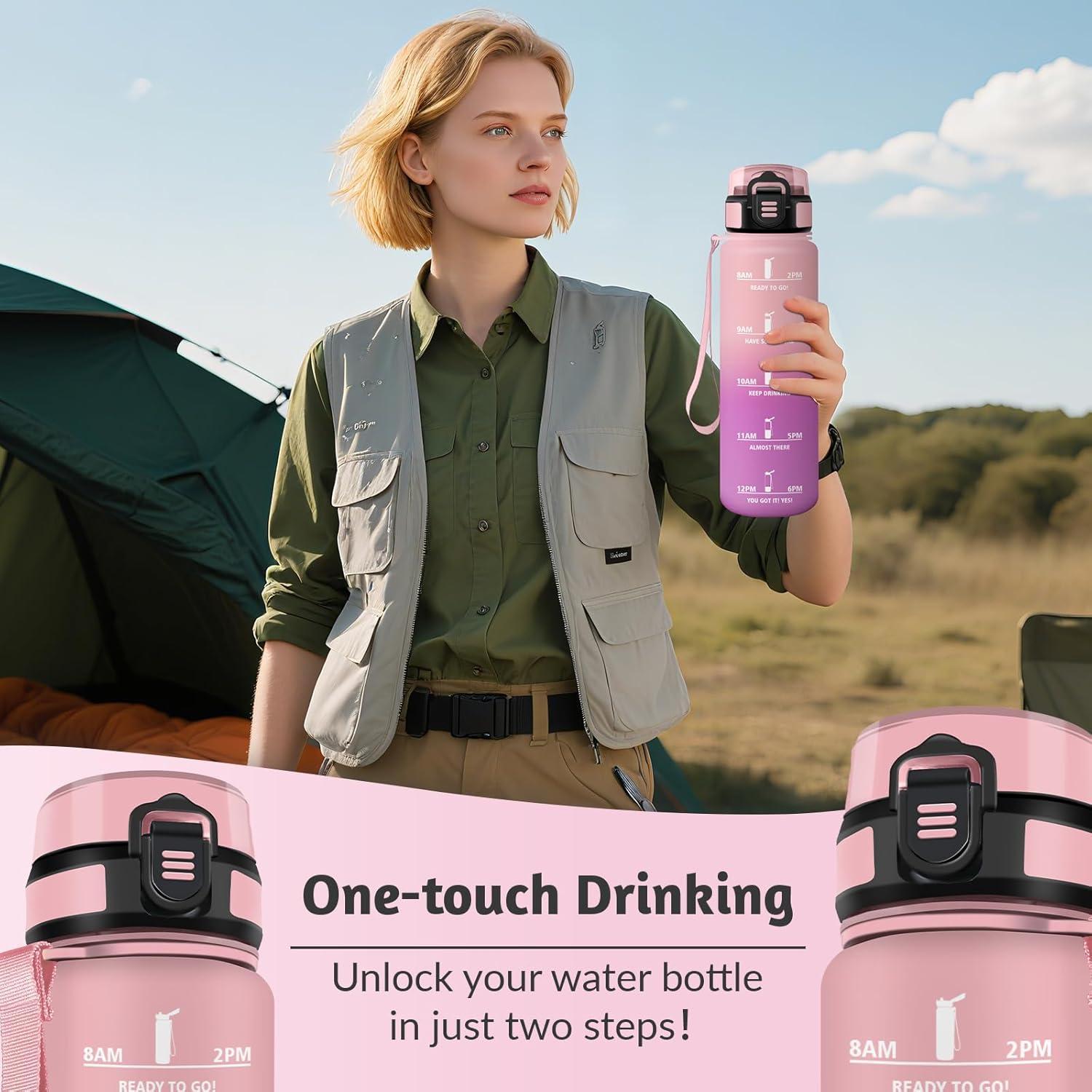 image:imageGourde 15L Motivant et tanche Bouteille Deau Sport Rutilisable Bouteille Marqueur Horaire Gourde Gradue pour 1 Journee pour Salle de Sport Travail Camping RandonneRose Rose 1000ml
