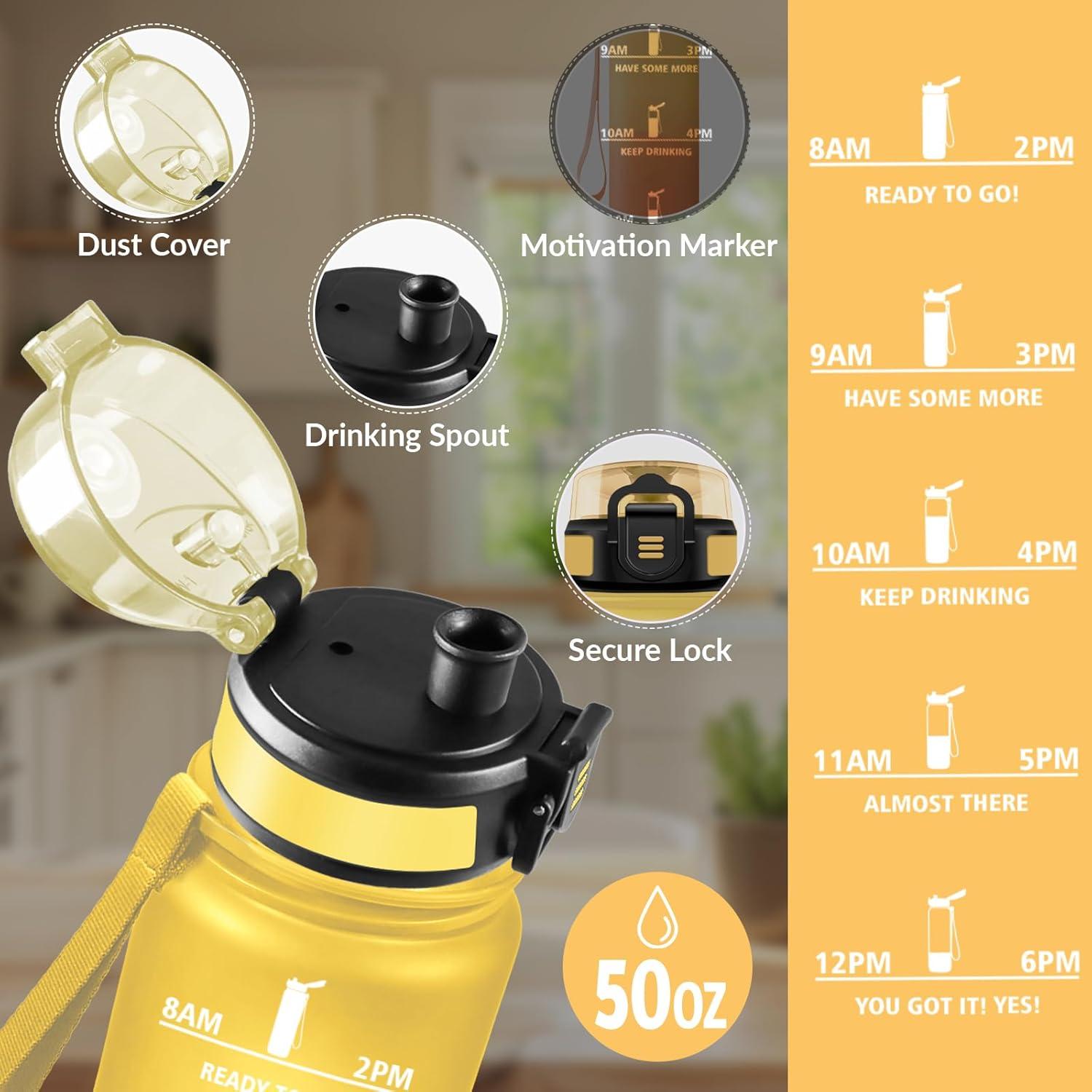 image:imageGourde 15L Motivant et tanche Bouteille Deau Sport Rutilisable Bouteille Marqueur Horaire Gourde Gradue pour 1 Journee pour Salle de Sport Travail Camping RandonneAmbre Orange 1500ml