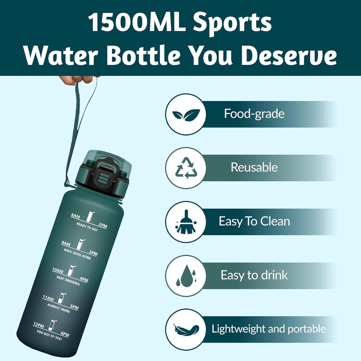 image:imageGourde 15L Motivant et tanche Bouteille Deau Sport Rutilisable Bouteille Marqueur Horaire Gourde Gradue pour 1 Journee pour Salle de Sport Travail Camping RandonneVert Gris 1500ml