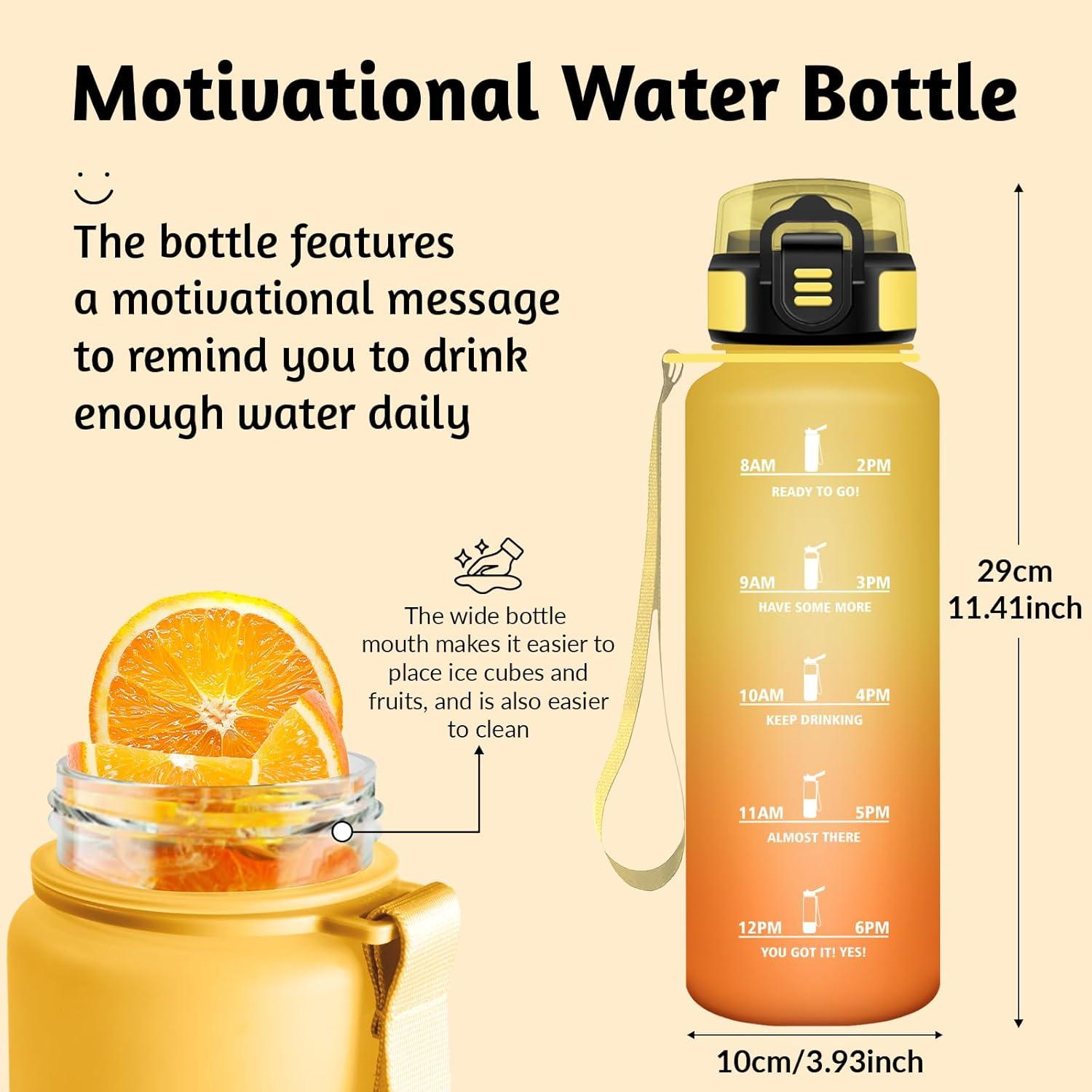 image:imageGourde 15L Motivant et tanche Bouteille Deau Sport Rutilisable Bouteille Marqueur Horaire Gourde Gradue pour 1 Journee pour Salle de Sport Travail Camping RandonneAmbre Orange 1500ml