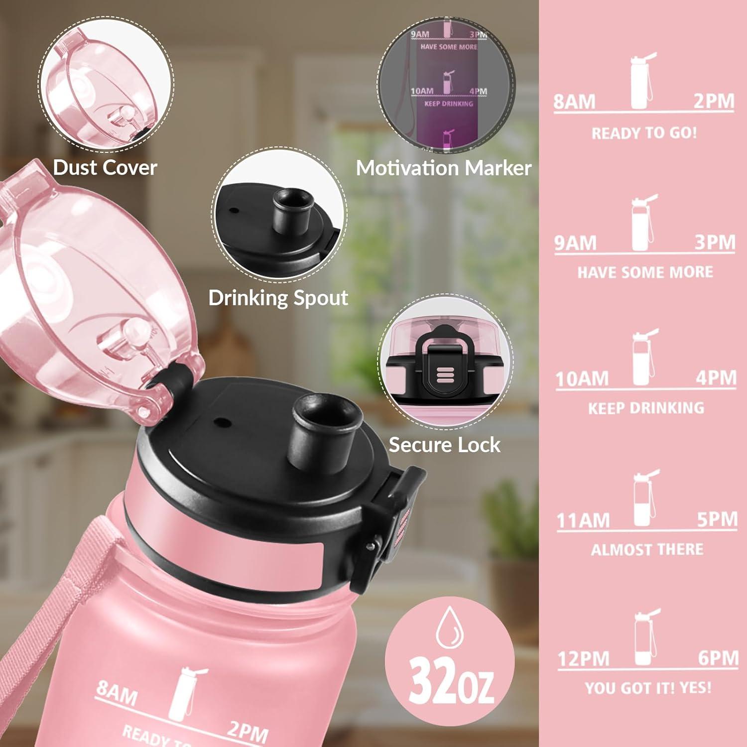 image:imageGourde 15L Motivant et tanche Bouteille Deau Sport Rutilisable Bouteille Marqueur Horaire Gourde Gradue pour 1 Journee pour Salle de Sport Travail Camping RandonneRose Rose 1000ml