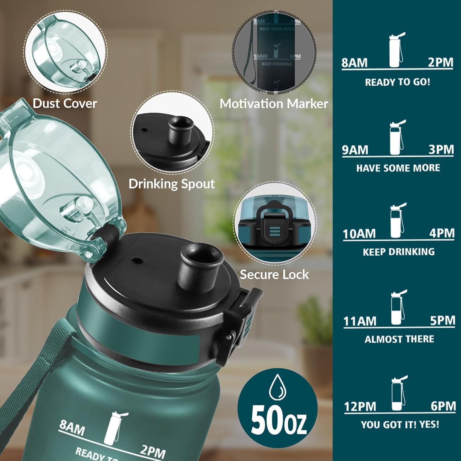 image:imageGourde 15L Motivant et tanche Bouteille Deau Sport Rutilisable Bouteille Marqueur Horaire Gourde Gradue pour 1 Journee pour Salle de Sport Travail Camping RandonneVert Gris 1500ml