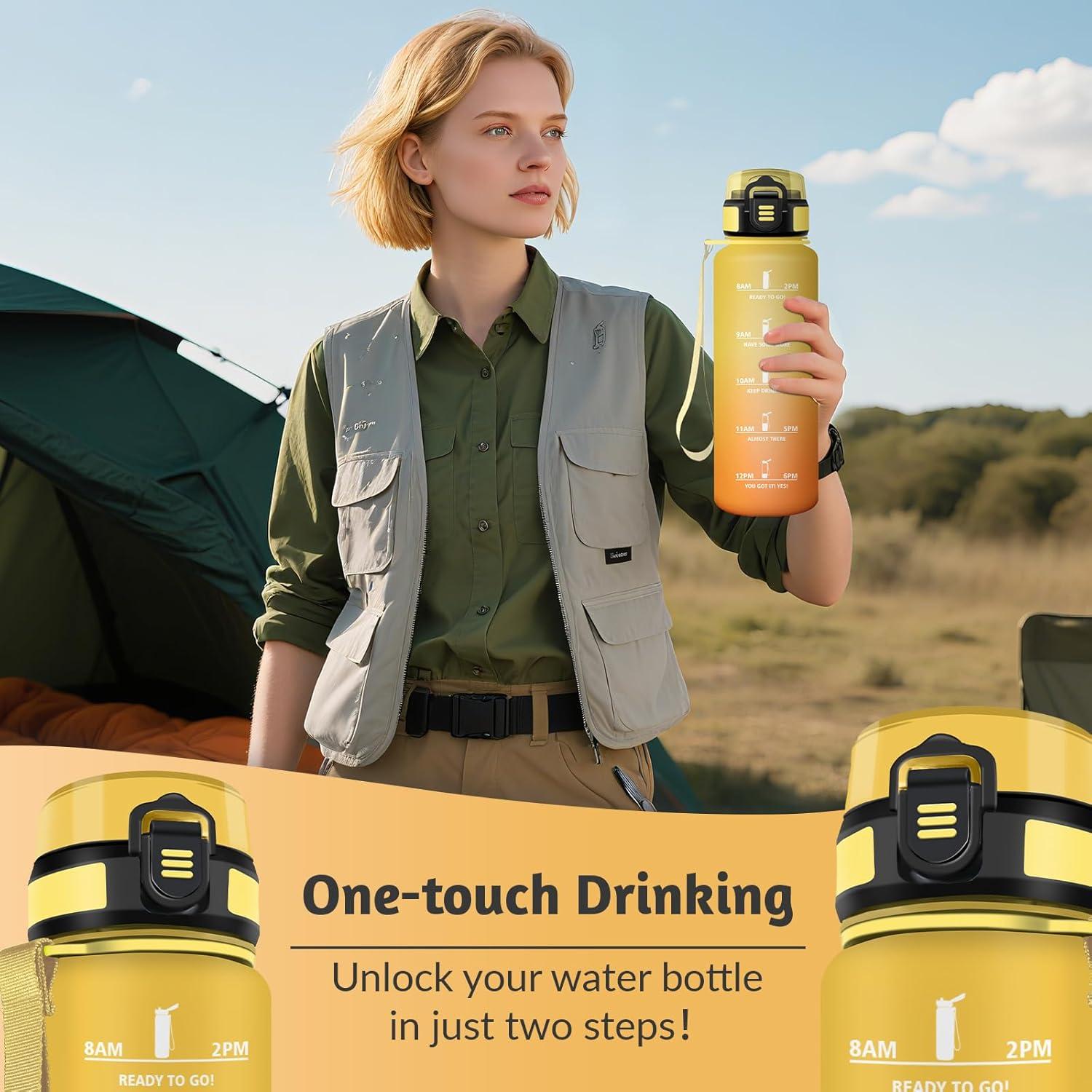 image:imageGourde 15L Motivant et tanche Bouteille Deau Sport Rutilisable Bouteille Marqueur Horaire Gourde Gradue pour 1 Journee pour Salle de Sport Travail Camping RandonneAmbre Orange 1500ml