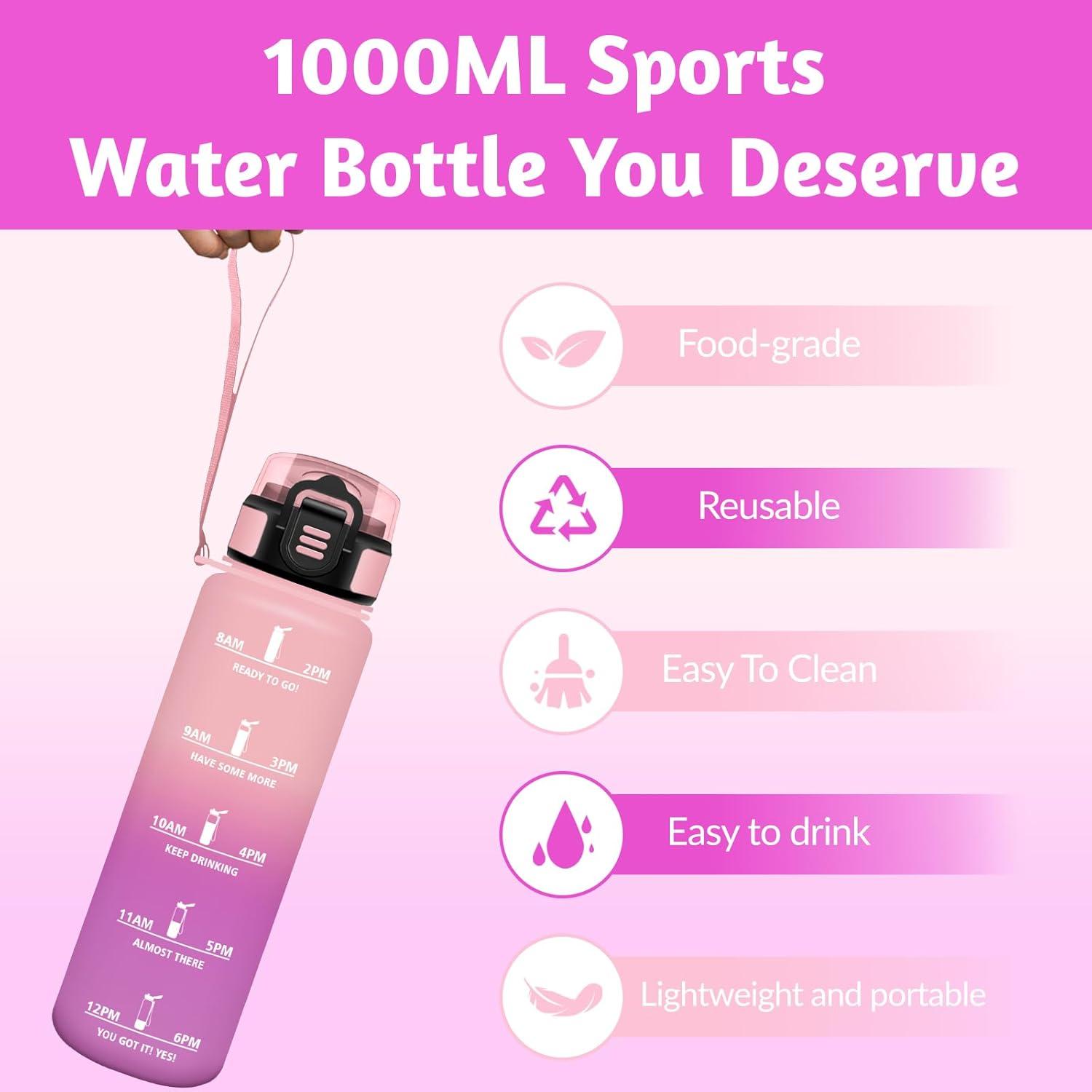 image:imageGourde 15L Motivant et tanche Bouteille Deau Sport Rutilisable Bouteille Marqueur Horaire Gourde Gradue pour 1 Journee pour Salle de Sport Travail Camping RandonneRose Rose 1000ml