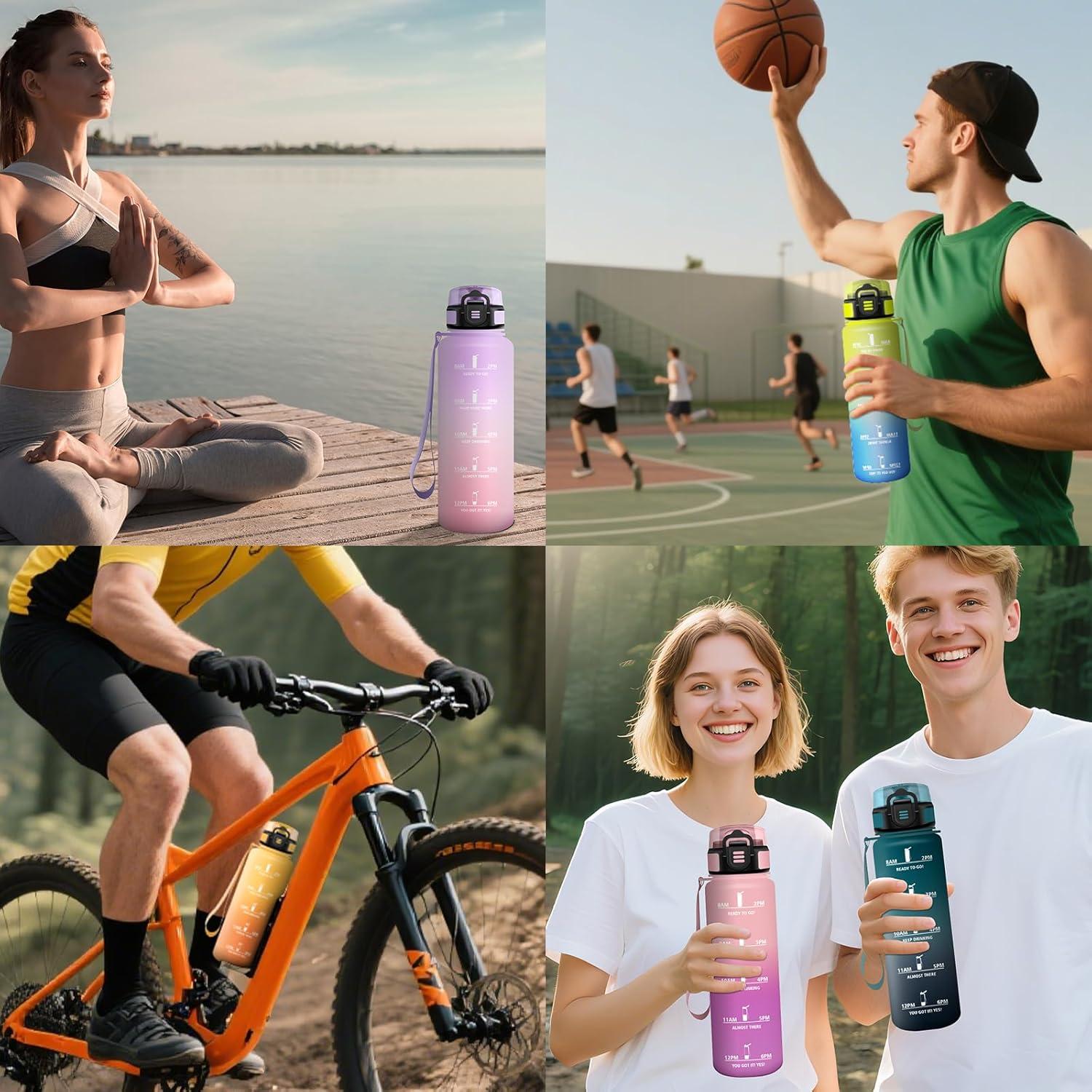 image:imageGourde 15L Motivant et tanche Bouteille Deau Sport Rutilisable Bouteille Marqueur Horaire Gourde Gradue pour 1 Journee pour Salle de Sport Travail Camping RandonneRose Rose 1000ml