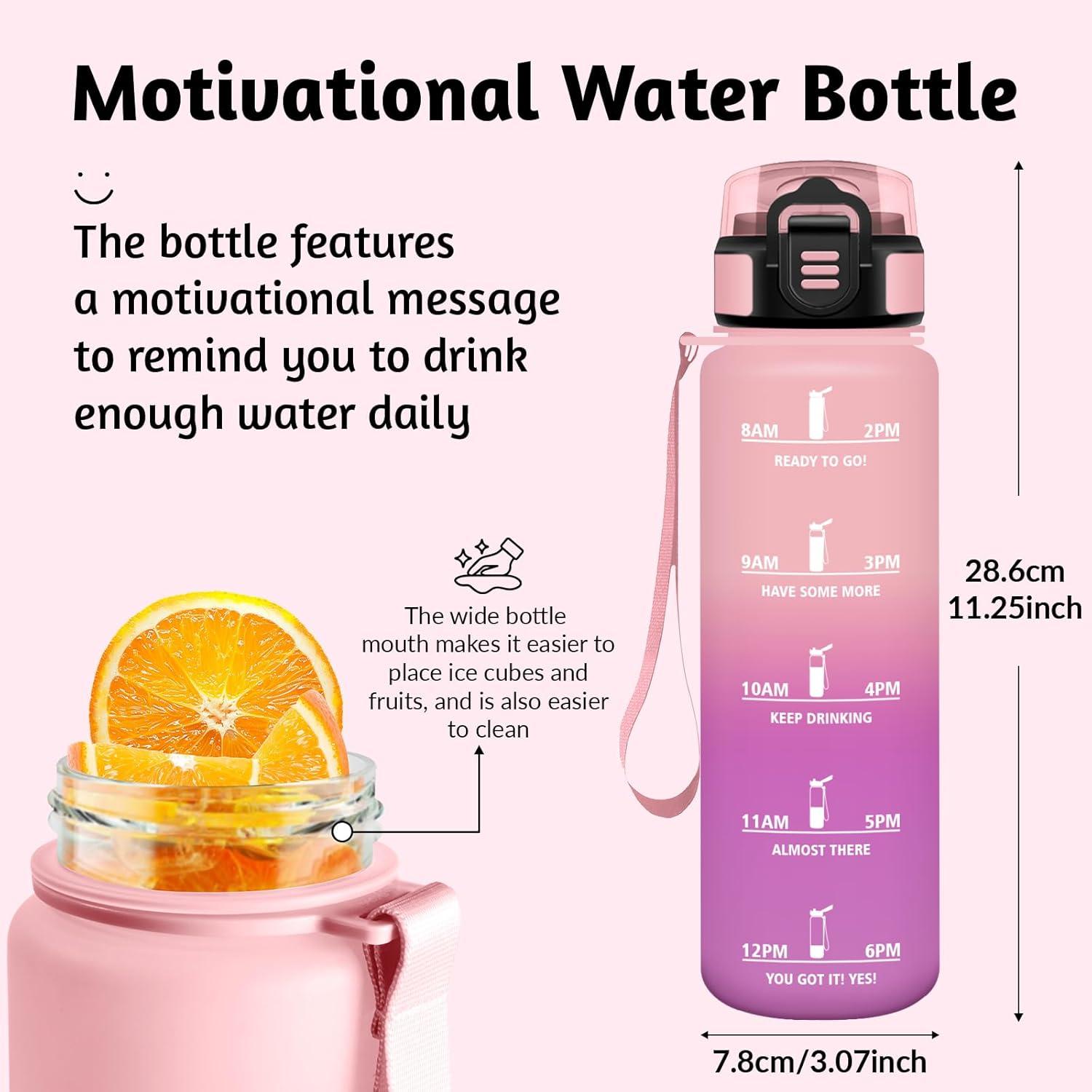 image:imageGourde 15L Motivant et tanche Bouteille Deau Sport Rutilisable Bouteille Marqueur Horaire Gourde Gradue pour 1 Journee pour Salle de Sport Travail Camping RandonneRose Rose 1000ml