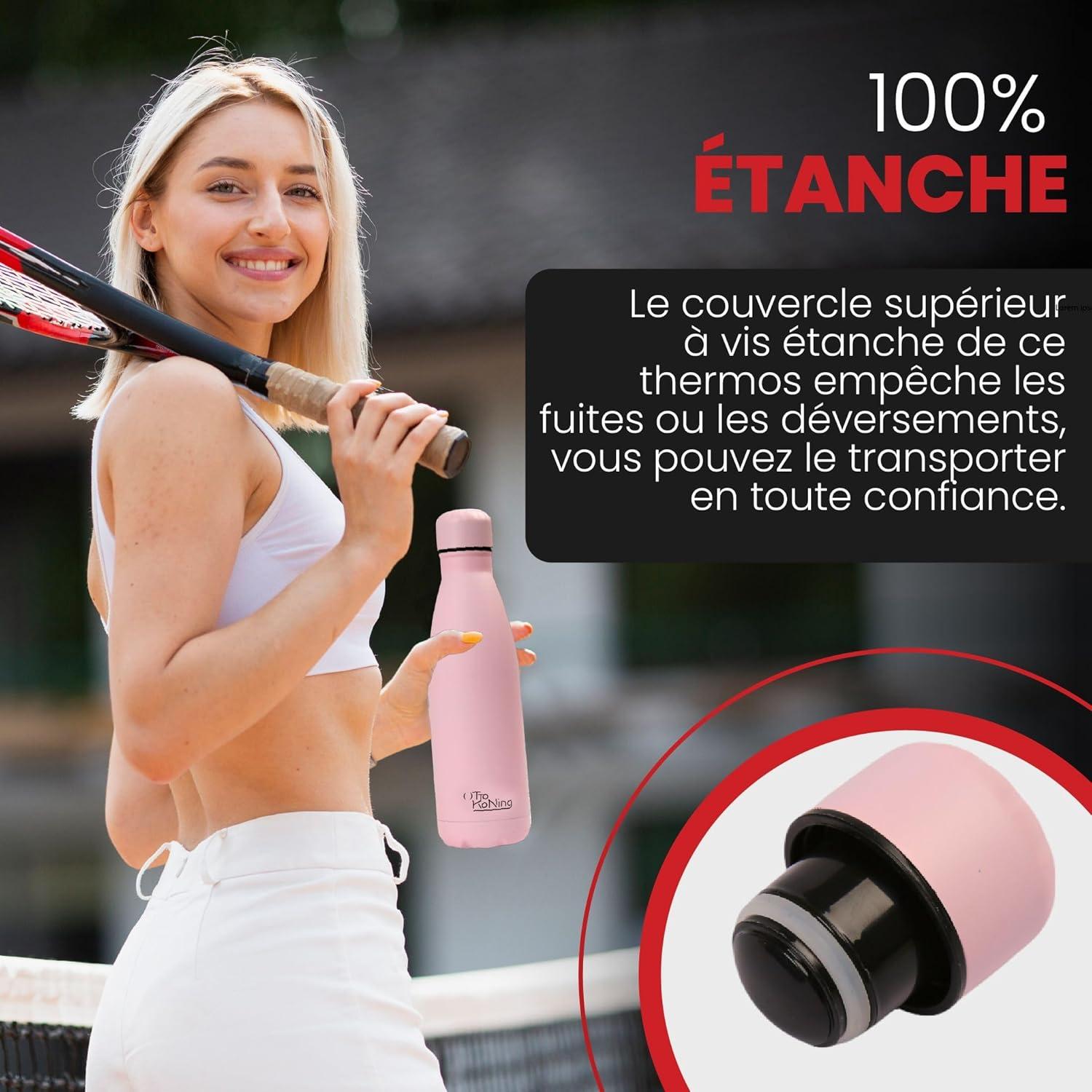 image:imageGourde Isotherme Otto Koning 1L Inox Bouteille Eau Sport Thermos Caf et Th Maintien Chaud 12h Froid 24h Design tanche Double Paroi Sans BPA pour Homme Femme BureauRose