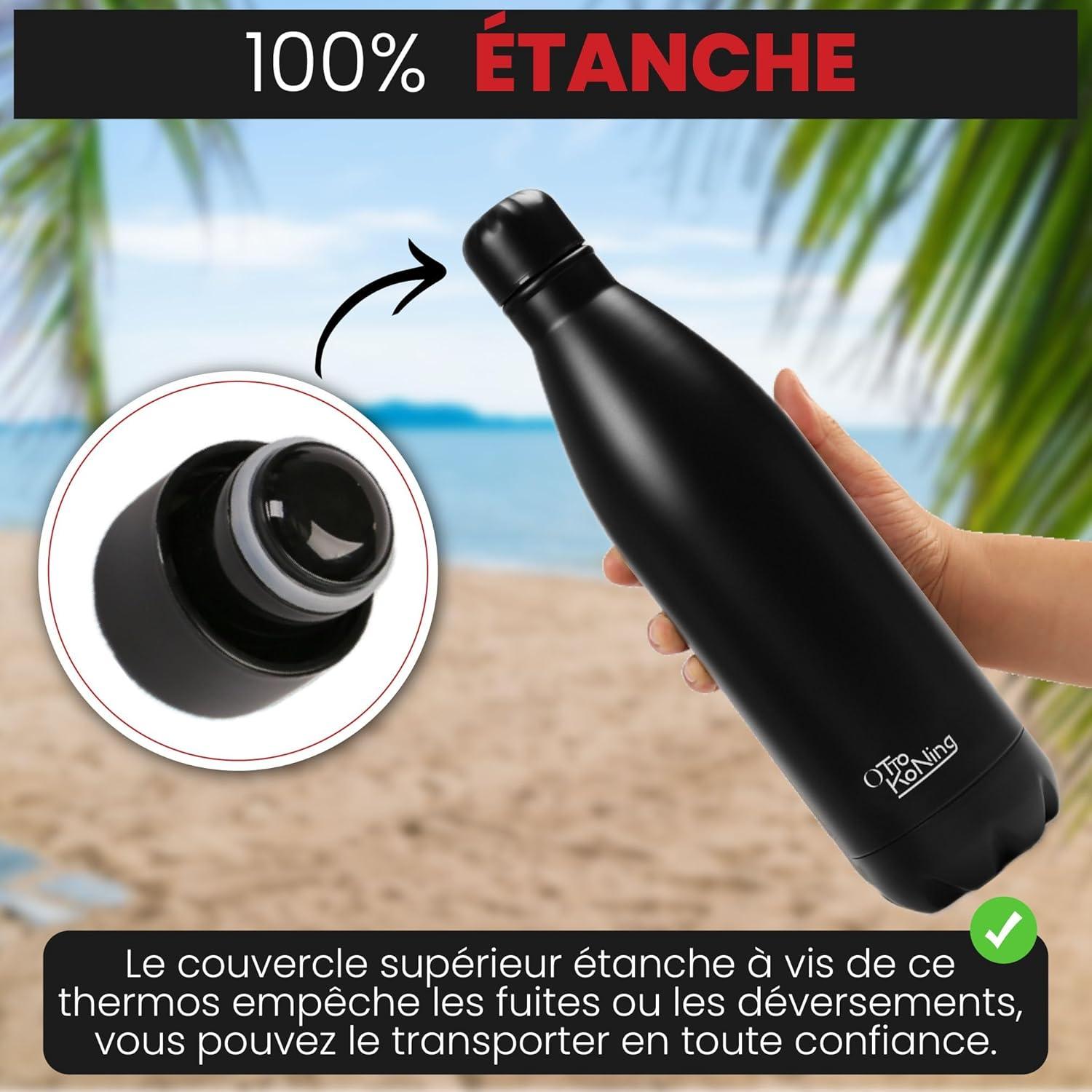 image:imageGourde Isotherme Otto Koning 1L Inox Bouteille Eau Sport Thermos Caf et Th Maintien Chaud 12h Froid 24h Design tanche Double Paroi Sans BPA pour Homme Femme BureauNoir