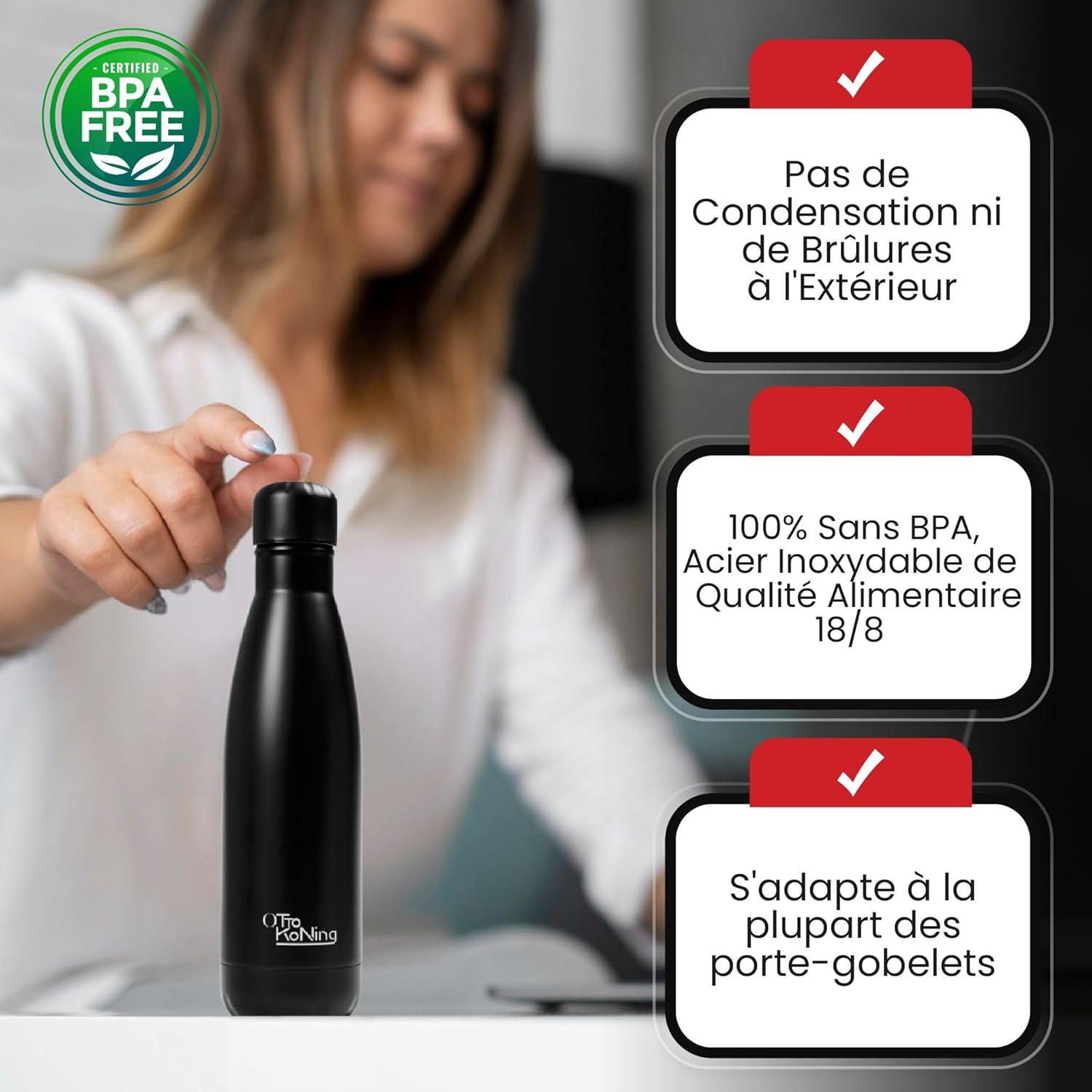 image:imageGourde Isotherme Otto Koning 1L Inox Bouteille Eau Sport Thermos Caf et Th Maintien Chaud 12h Froid 24h Design tanche Double Paroi Sans BPA pour Homme Femme BureauNoirBlanc