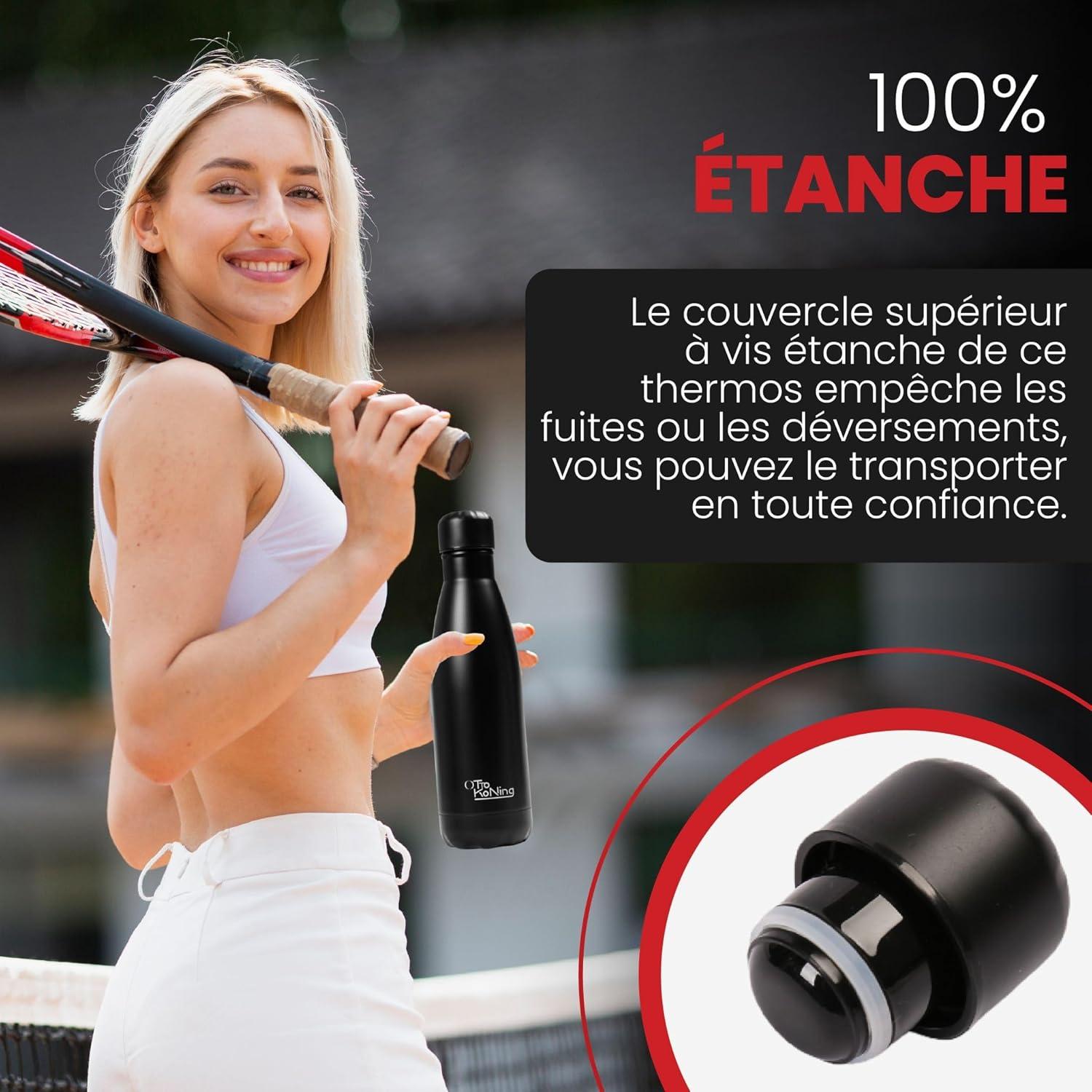 image:imageGourde Isotherme Otto Koning 1L Inox Bouteille Eau Sport Thermos Caf et Th Maintien Chaud 12h Froid 24h Design tanche Double Paroi Sans BPA pour Homme Femme BureauNoirBlanc