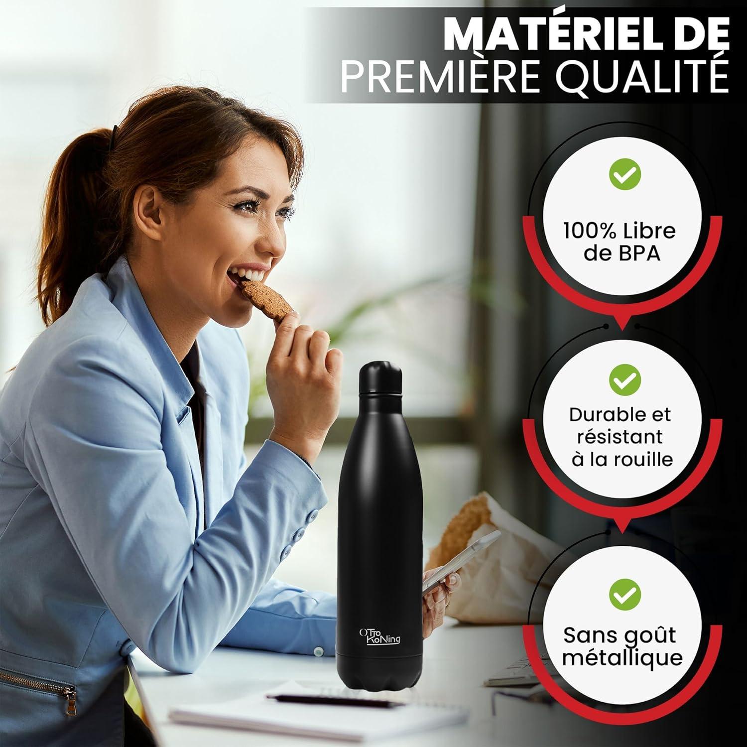 image:imageGourde Isotherme Otto Koning 1L Inox Bouteille Eau Sport Thermos Caf et Th Maintien Chaud 12h Froid 24h Design tanche Double Paroi Sans BPA pour Homme Femme BureauNoir