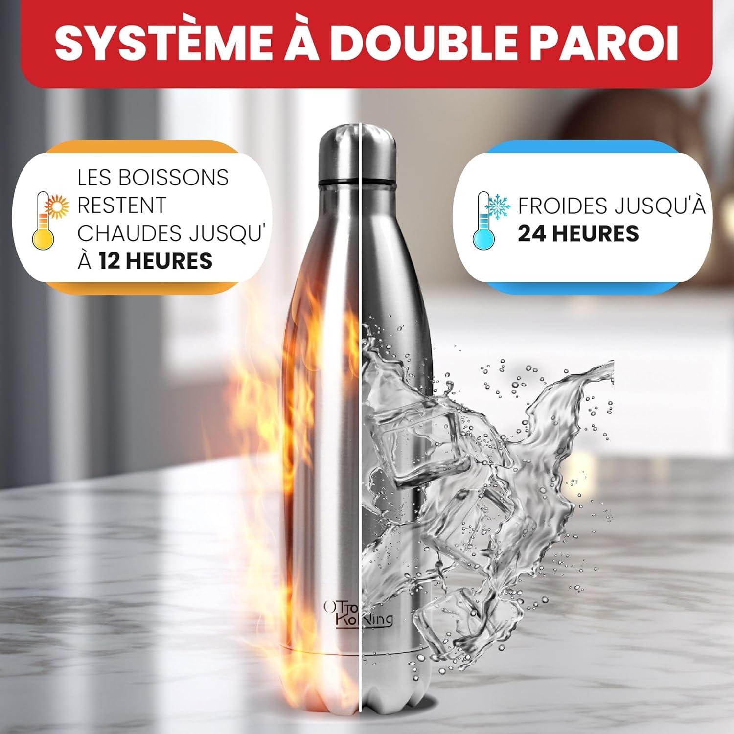 image:imageGourde Isotherme Otto Koning 1L Inox Bouteille Eau Sport Thermos Caf et Th Maintien Chaud 12h Froid 24h Design tanche Double Paroi Sans BPA pour Homme Femme BureauArgent