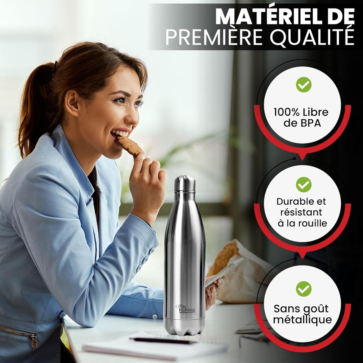 image:imageGourde Isotherme Otto Koning 1L Inox Bouteille Eau Sport Thermos Caf et Th Maintien Chaud 12h Froid 24h Design tanche Double Paroi Sans BPA pour Homme Femme BureauArgent