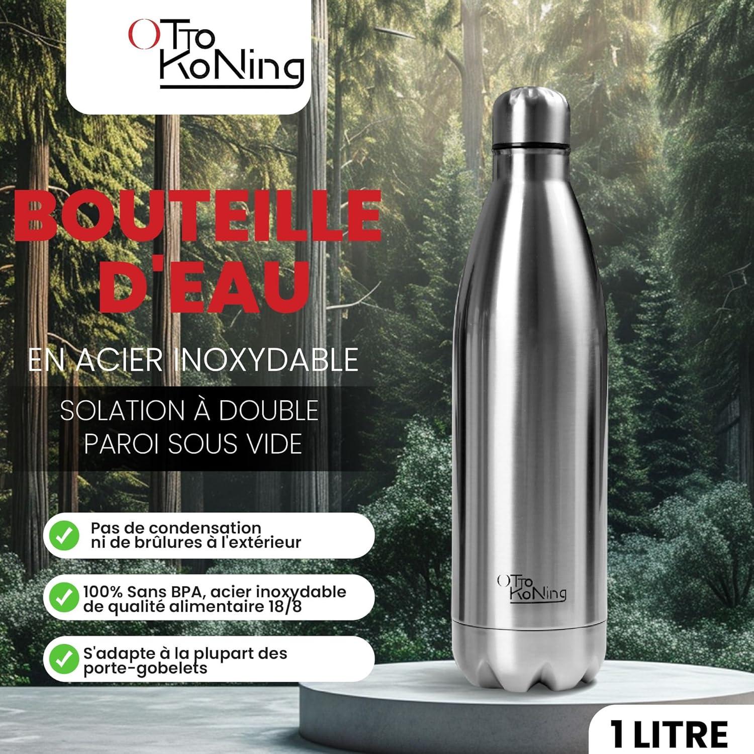 image:imageGourde Isotherme Otto Koning 1L Inox Bouteille Eau Sport Thermos Caf et Th Maintien Chaud 12h Froid 24h Design tanche Double Paroi Sans BPA pour Homme Femme BureauArgent