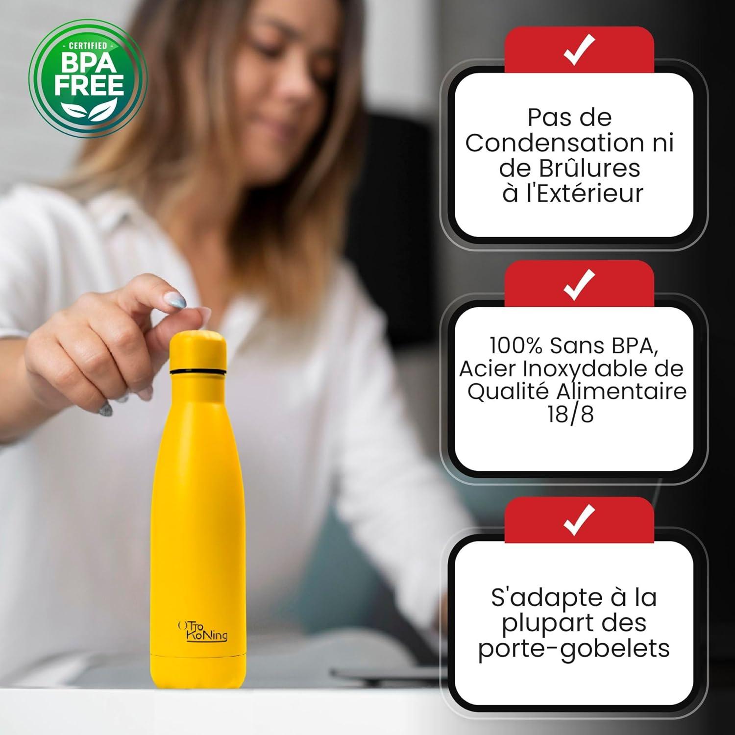 image:imageGourde Isotherme Otto Koning 1L Inox Bouteille Eau Sport Thermos Caf et Th Maintien Chaud 12h Froid 24h Design tanche Double Paroi Sans BPA pour Homme Femme BureauJaune